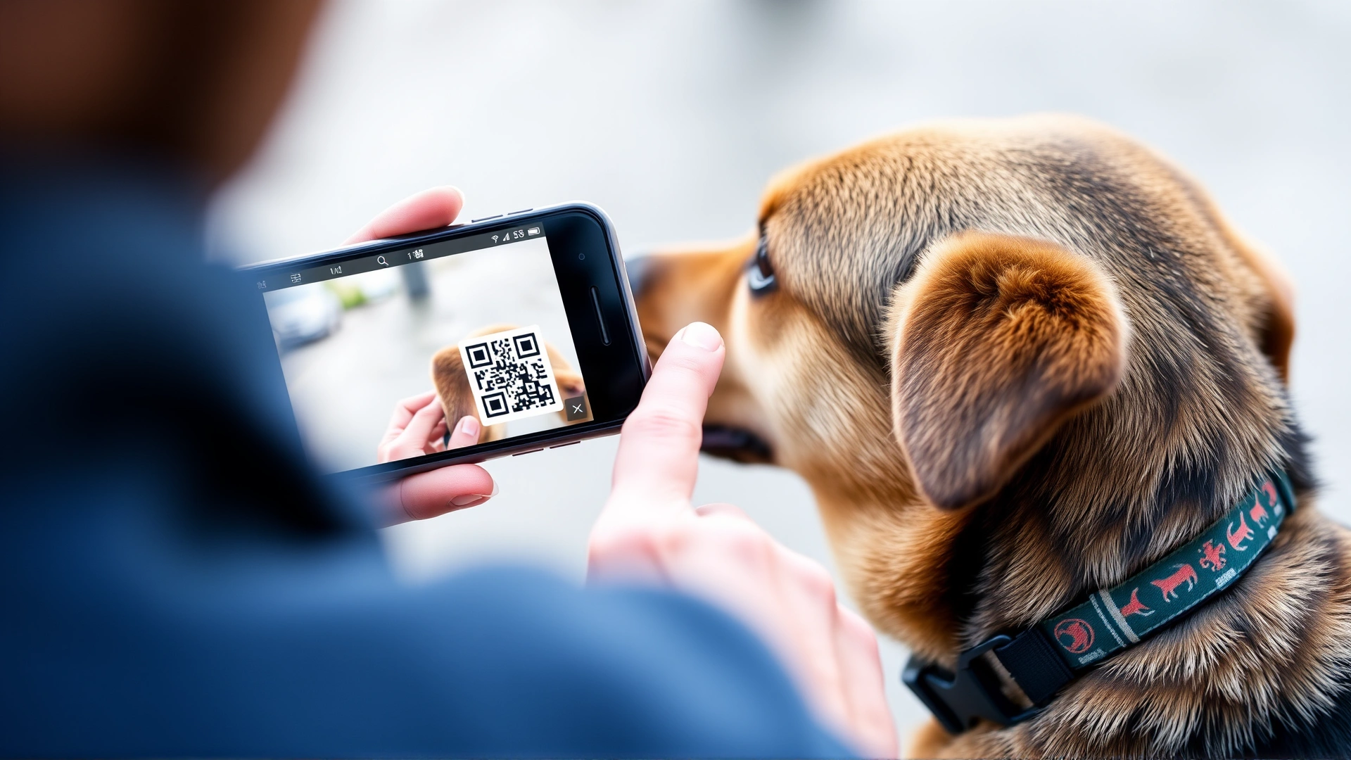 Smartphone scanning a QR code tag attached to a dog's collar, QR in focus, owner hand and dog slightly blurred