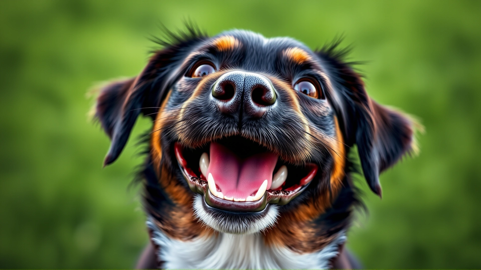 Close-up of a cheerful dog looking up with a big smile, blurred green background.
