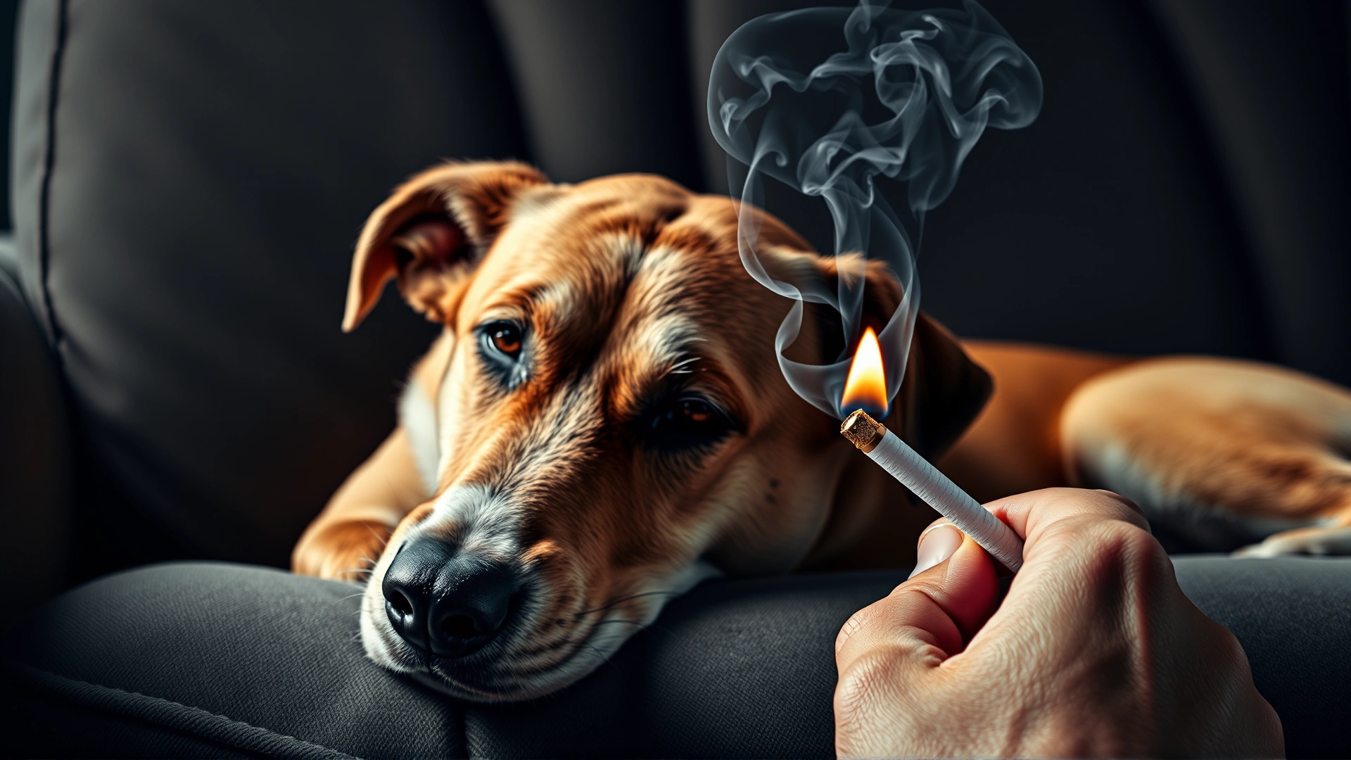 A dog lying on a couch while a human hand holding a lit cigarette is visible nearby, smoke swirling in the air.