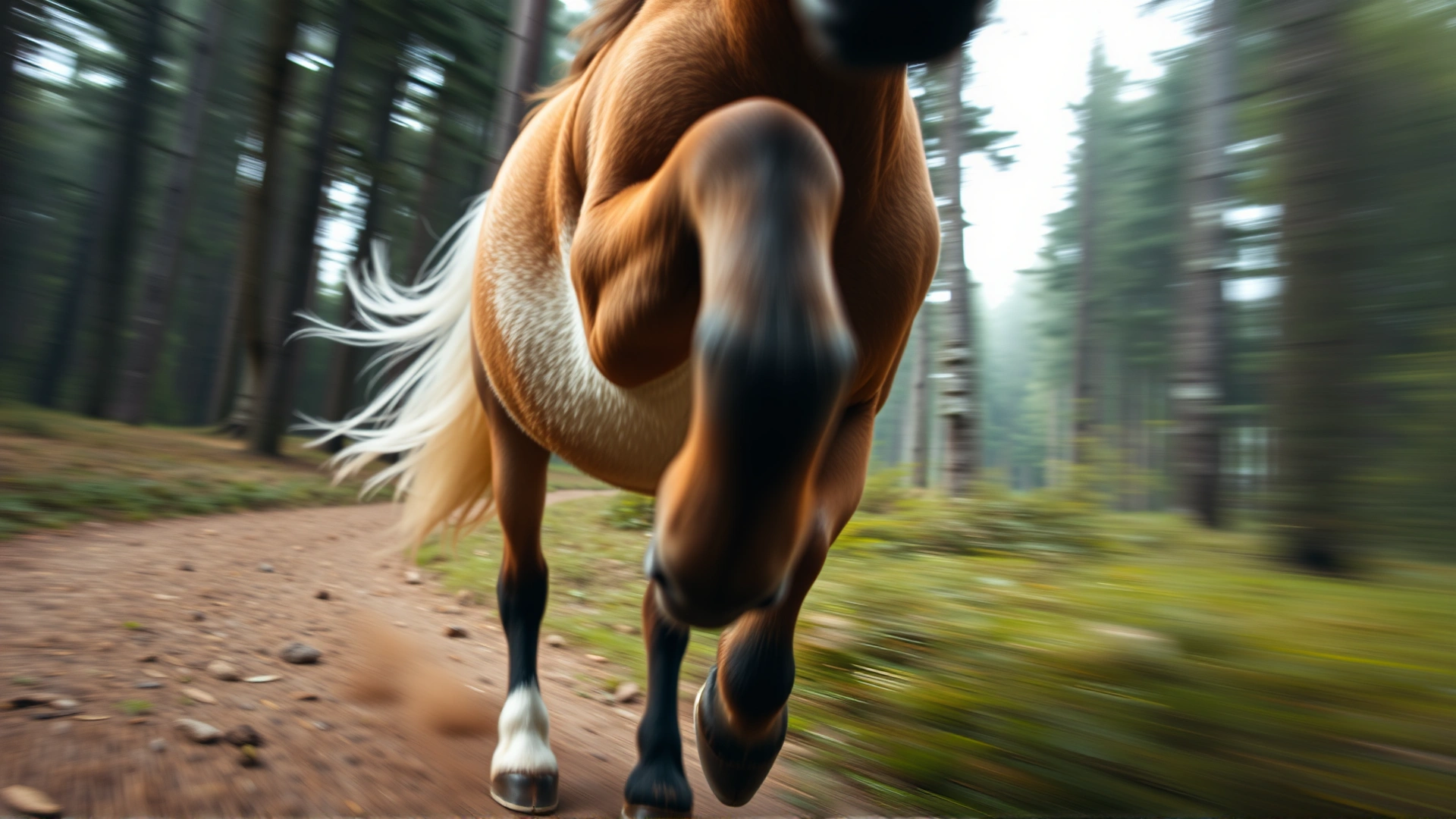 Close-up motion shot capturing the unique four-beat running walk gait of a Galiceño pony on a forest trail, with blurred background, high-speed photography