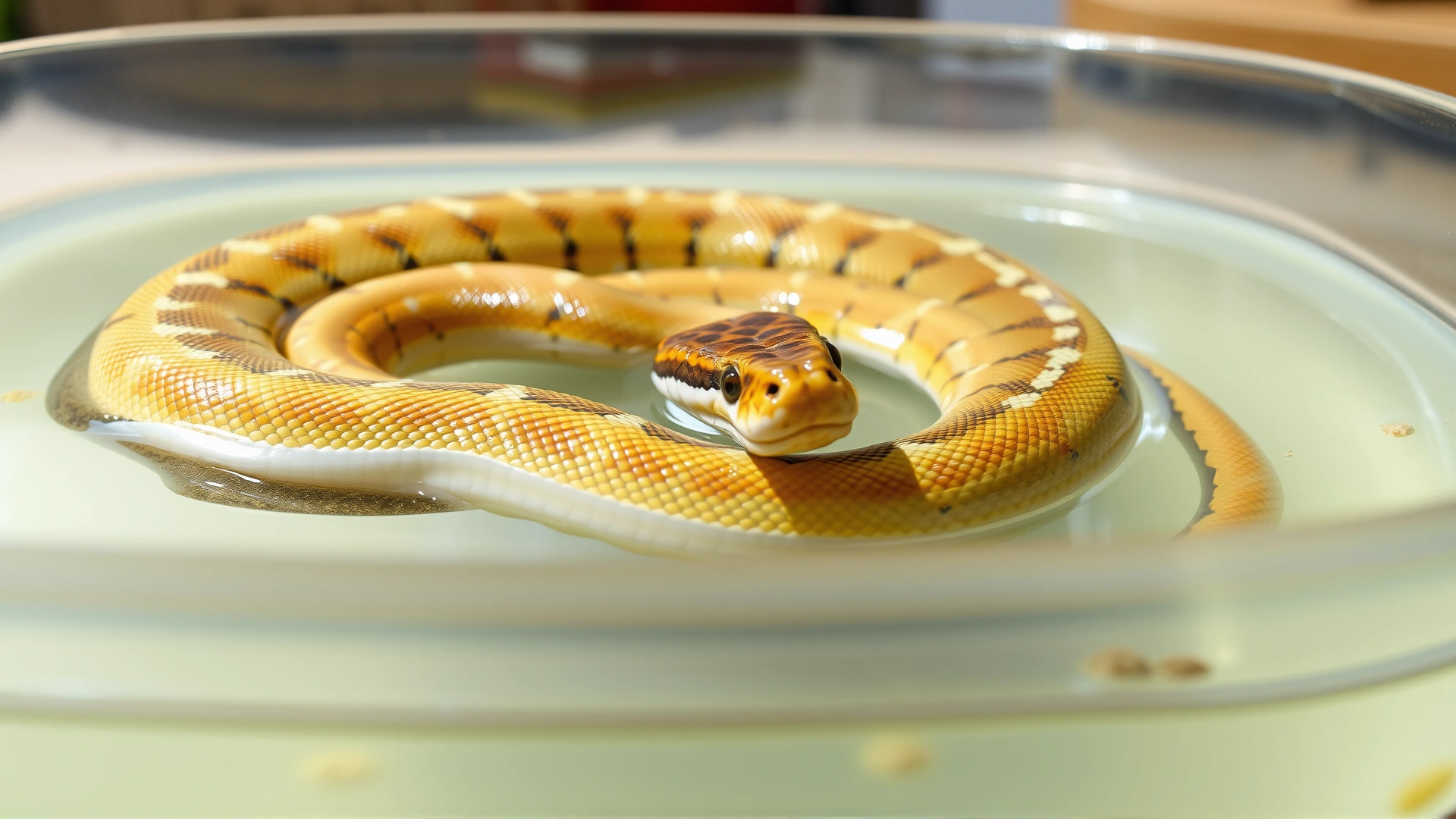 Horizontal image of a corn snake coiled loosely in lukewarm water inside a transparent container, with the snake’s head resting above the surface, natural lighting