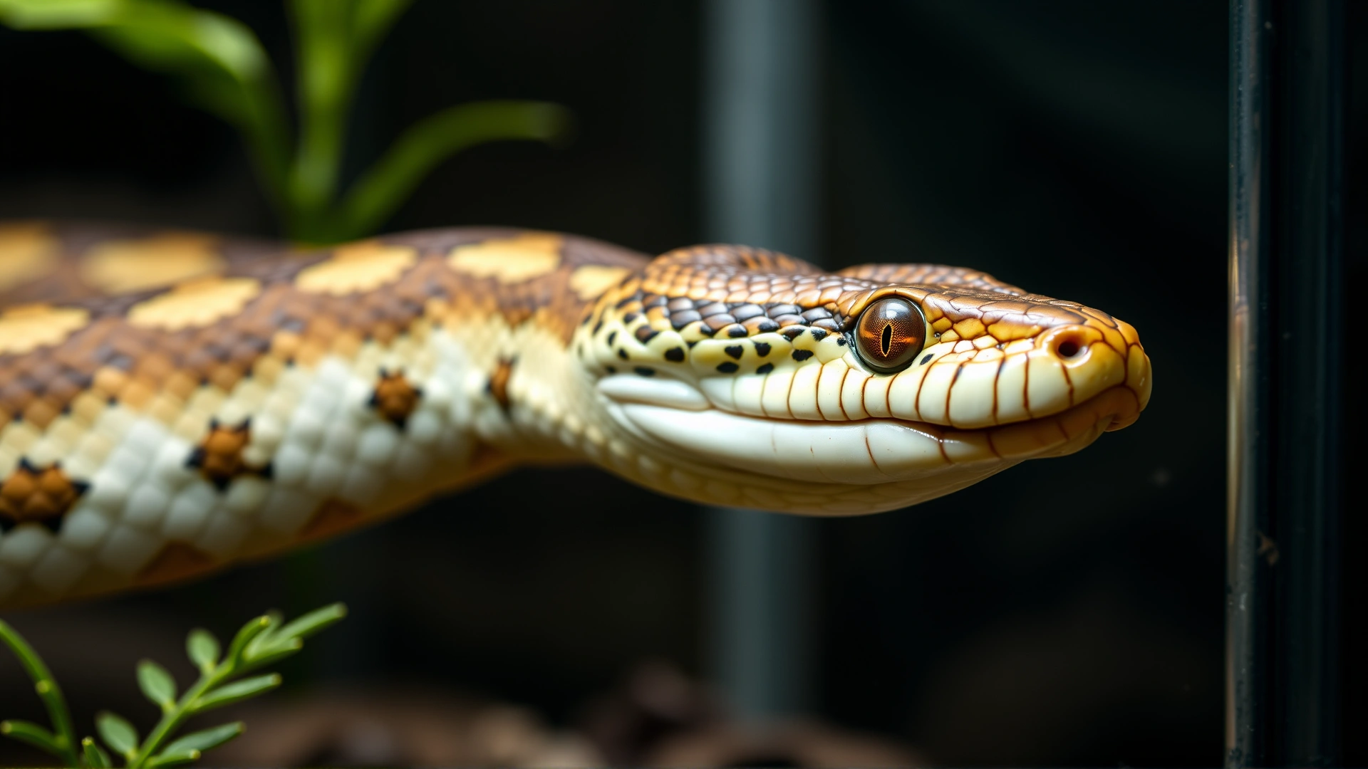 Close-up shot of a snake actually biting its own tail inside a glass terrarium, focusing on the mouth grasping the tail tip.