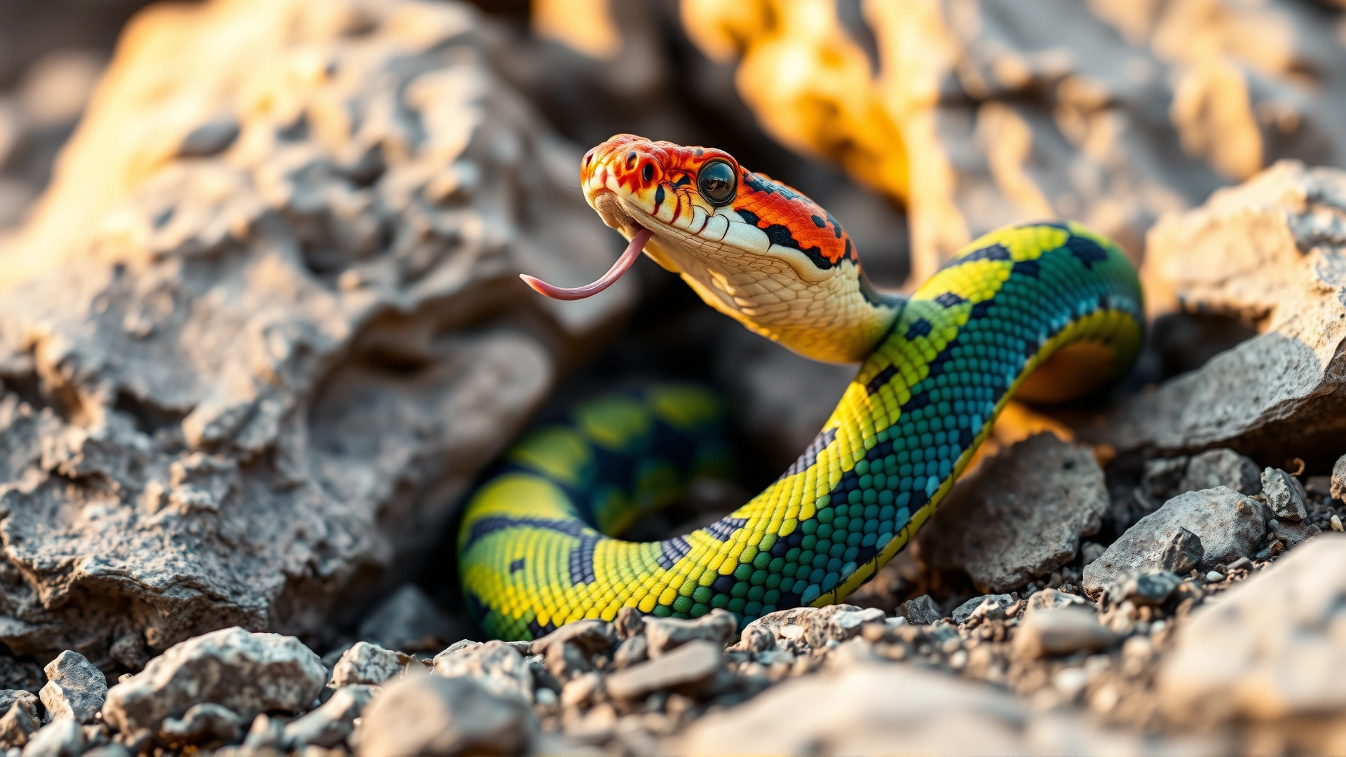 Wide shot of a colorful snake in its natural rocky habitat, tongue flicking, showcasing environment context, warm sunlight
