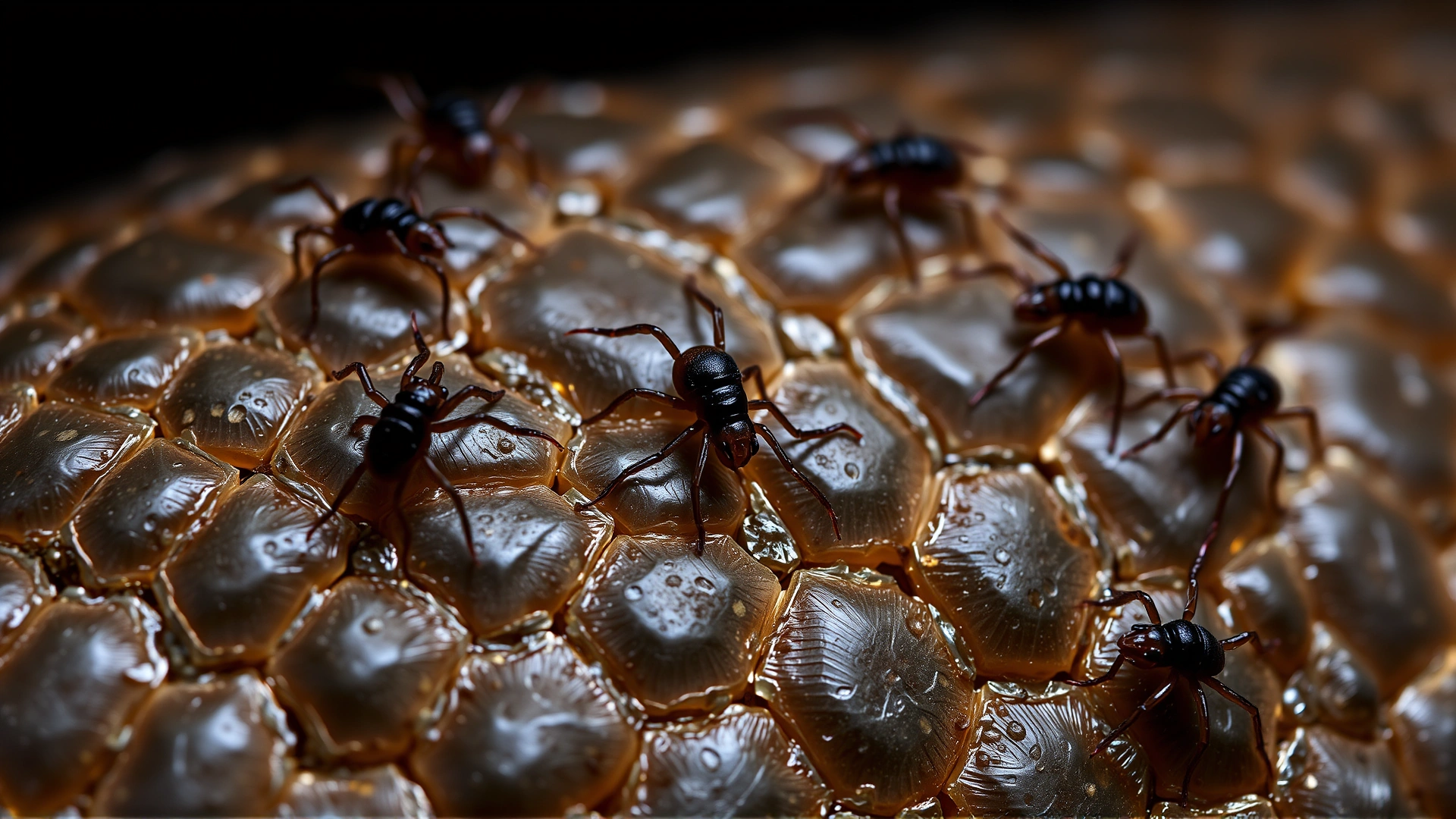 Extreme close-up photograph of snake mites on reptile scales, clear detail to illustrate parasites, no text.