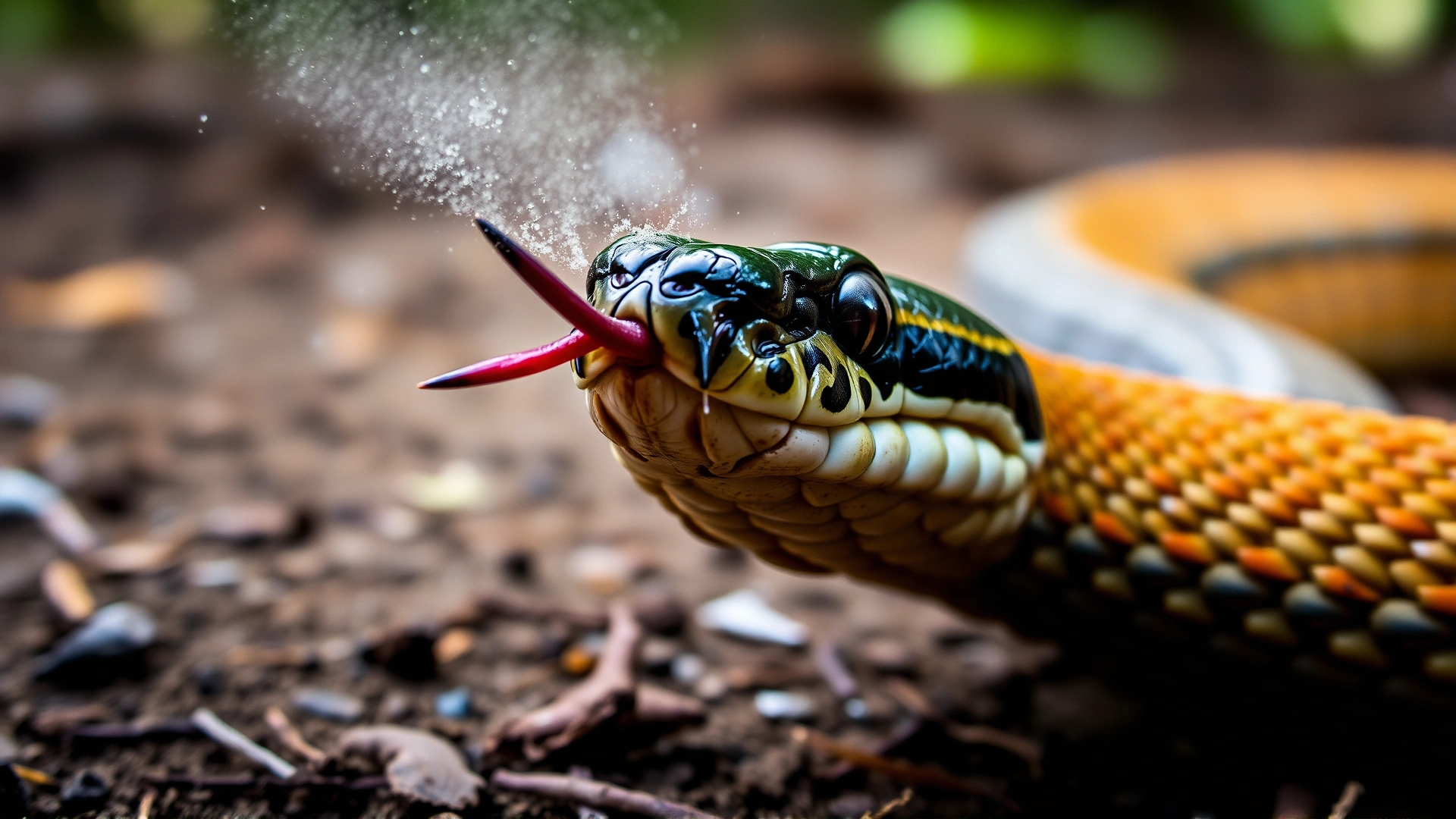 Macro shot of a snake flicking its forked tongue toward the camera in a natural forest floor setting, particles of dust visible in the air, emphasizing the sensory behavior.