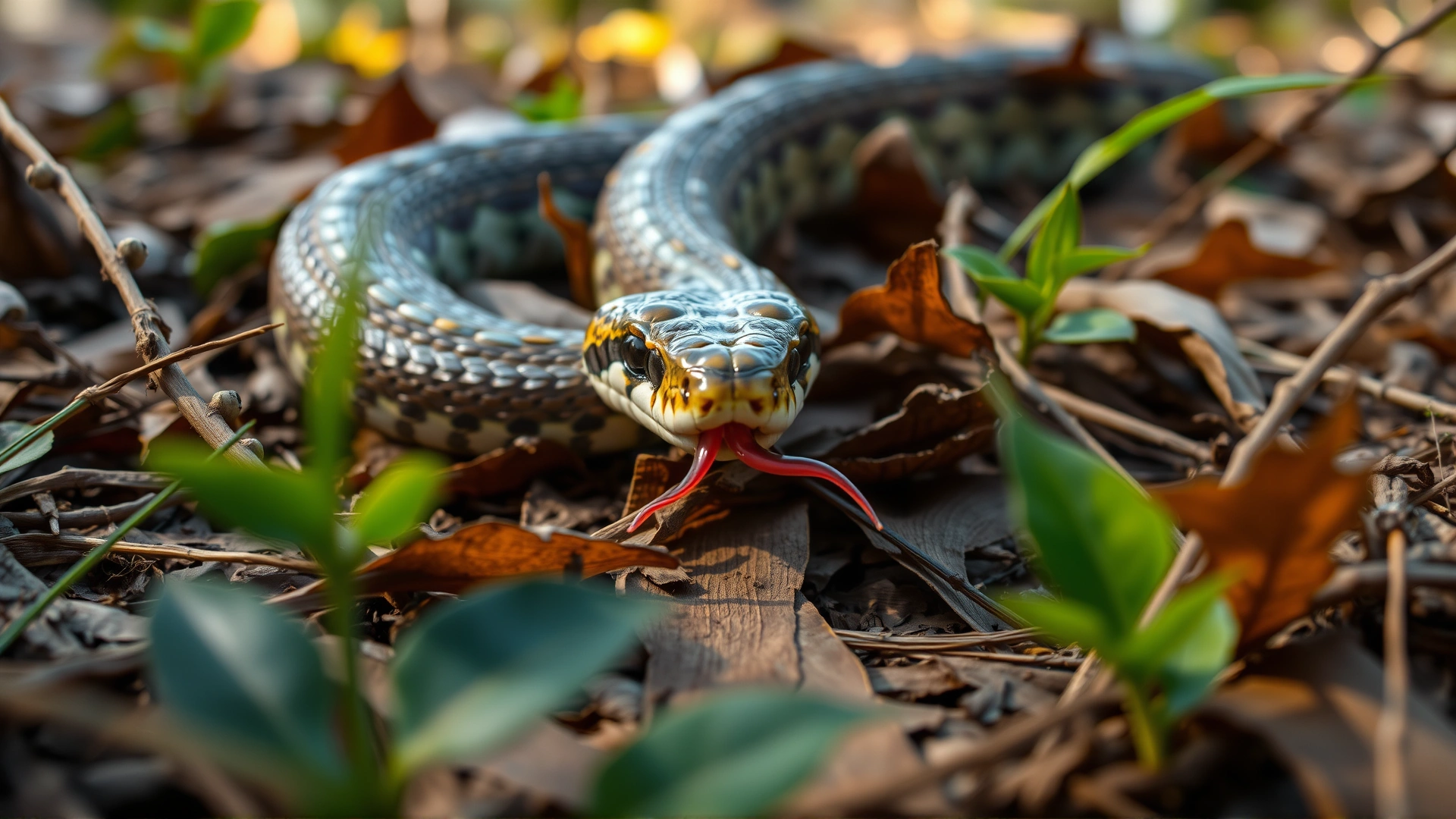 Side view of a snake moving through dried leaves with its tongue extended, illustrating scent tracking behavior, natural forest floor, soft daylight
