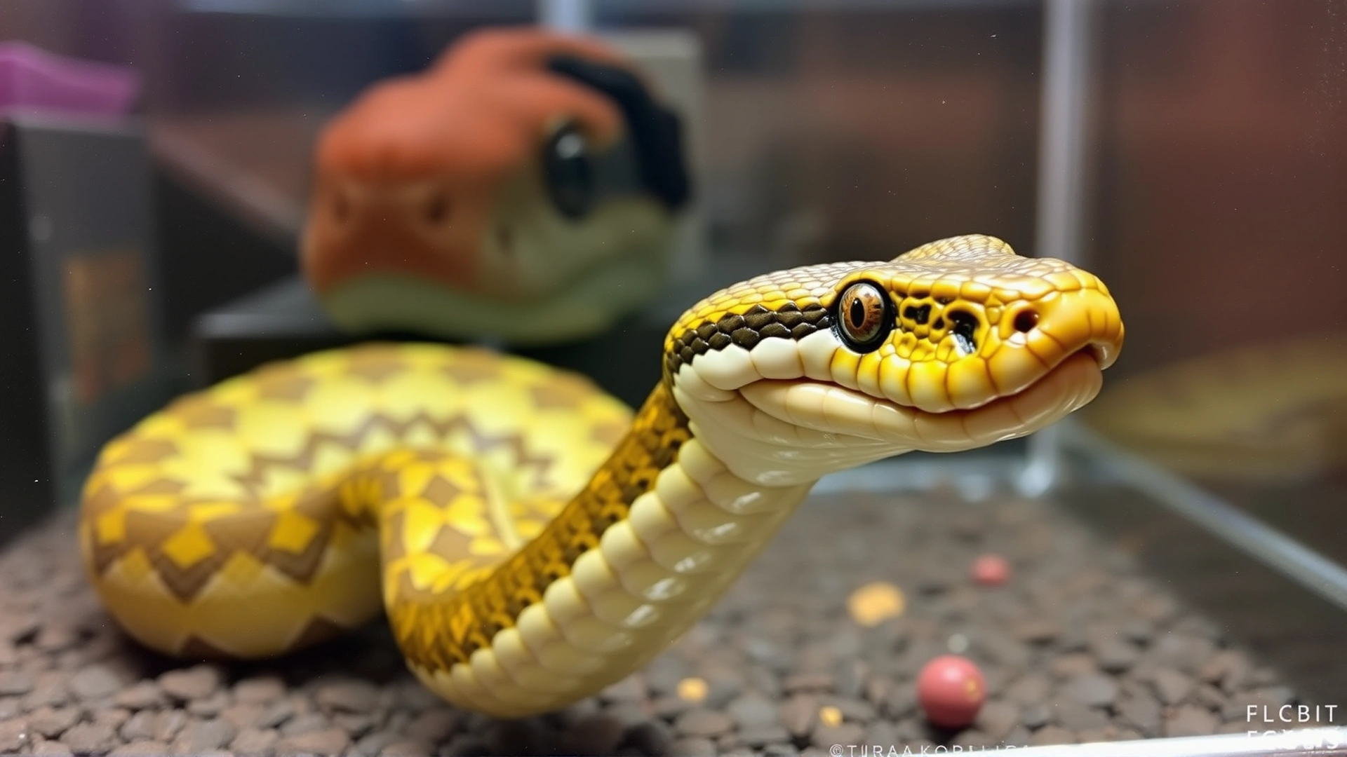 Pet snake in classic strike 'S' position with raised head and dilated pupils, inside a glass enclosure.