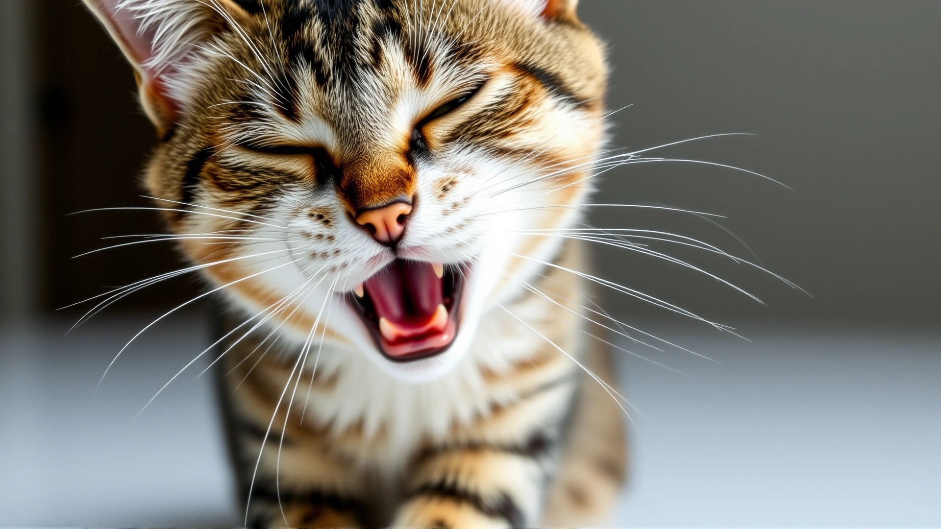 Medium shot of a tabby cat mid-sneeze, illustrating respiratory symptoms; captured with clear details and neutral background.