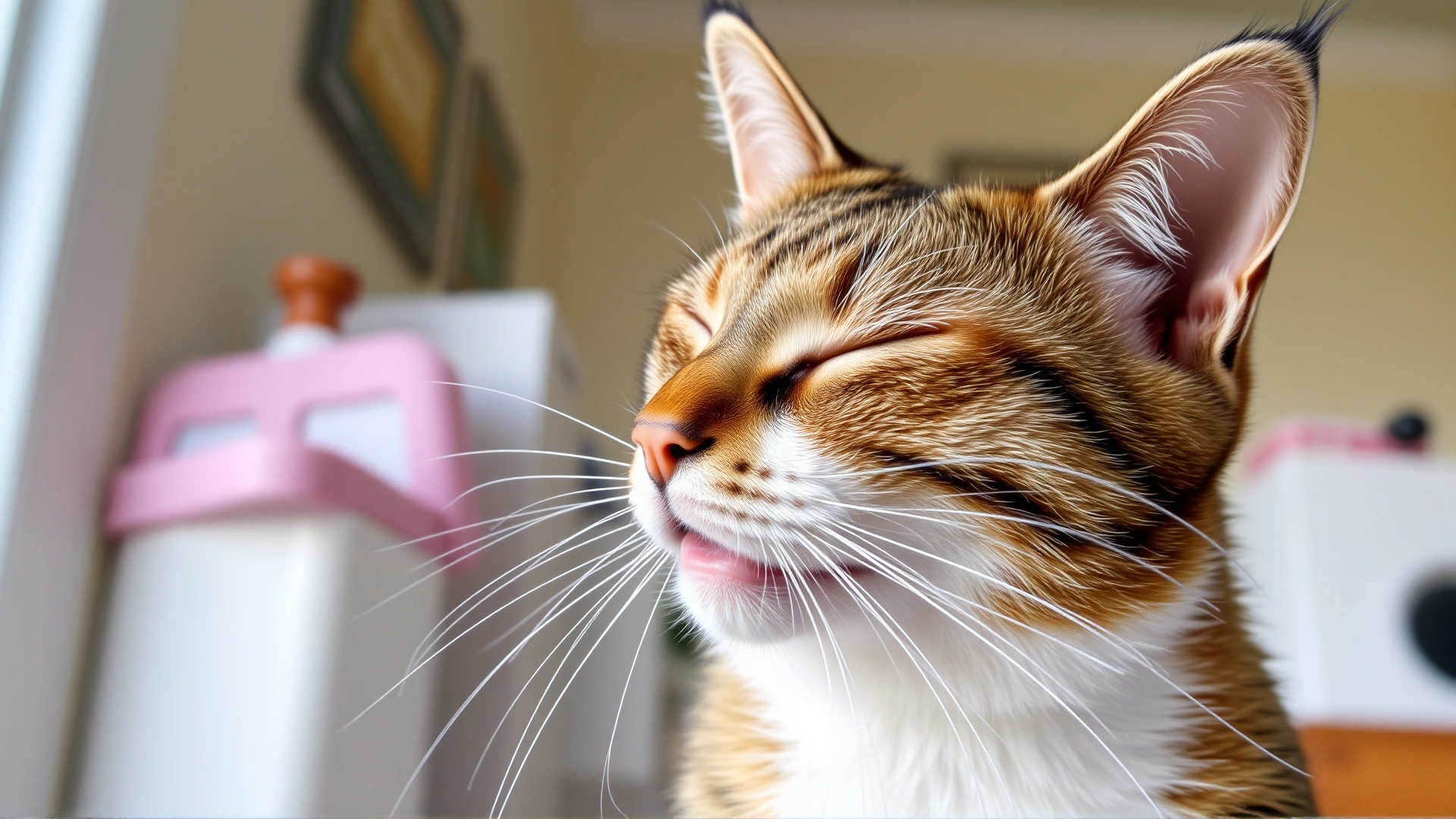 Domestic shorthair cat caught in the act of sneezing, nose wrinkled and eyes half-closed, indoor setting, natural light