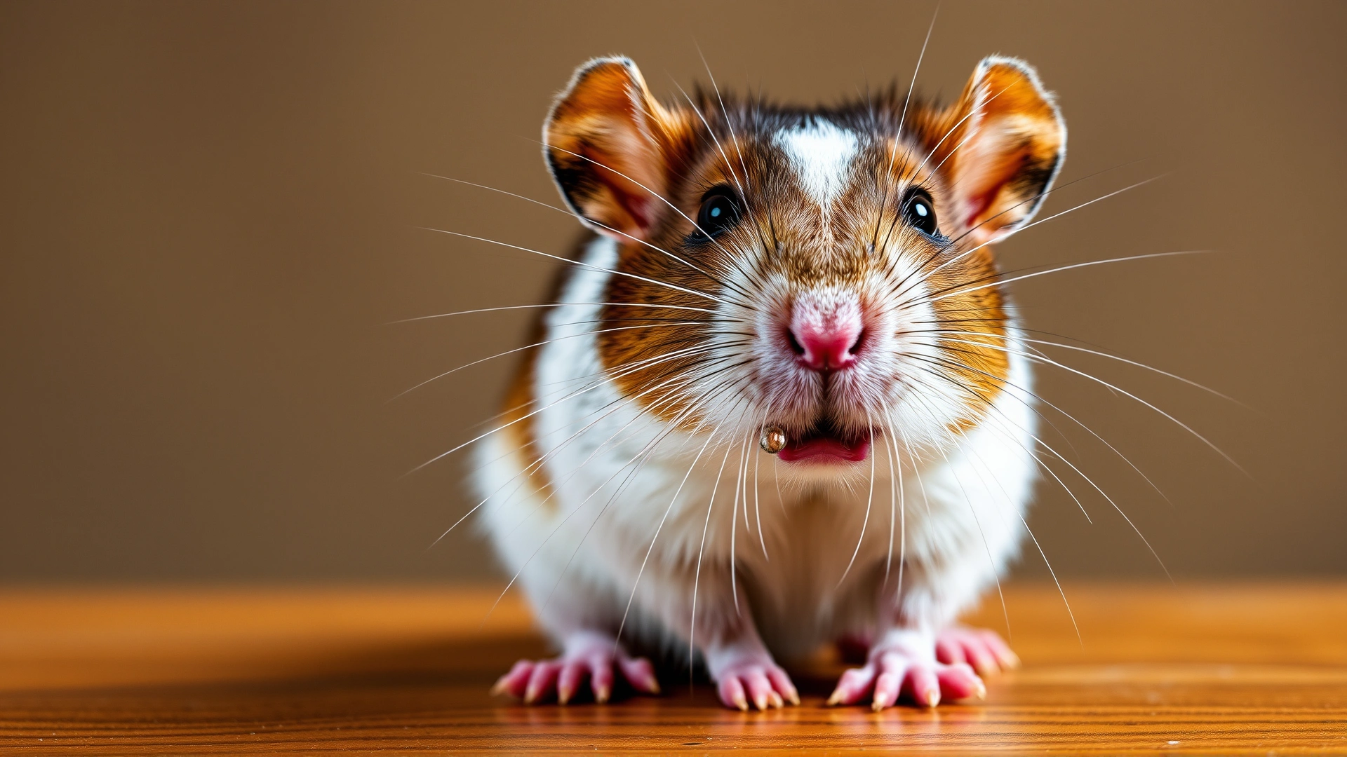A small brown and white domestic rat mid-sneeze with tiny droplets visible, placed on a wooden surface, blurred background