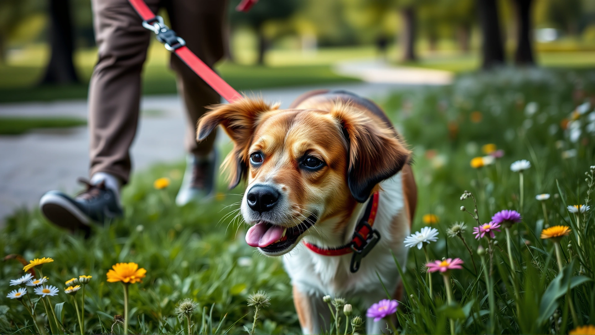 Dog with relaxed leash sniffing grass and flowers during a walk in a green park