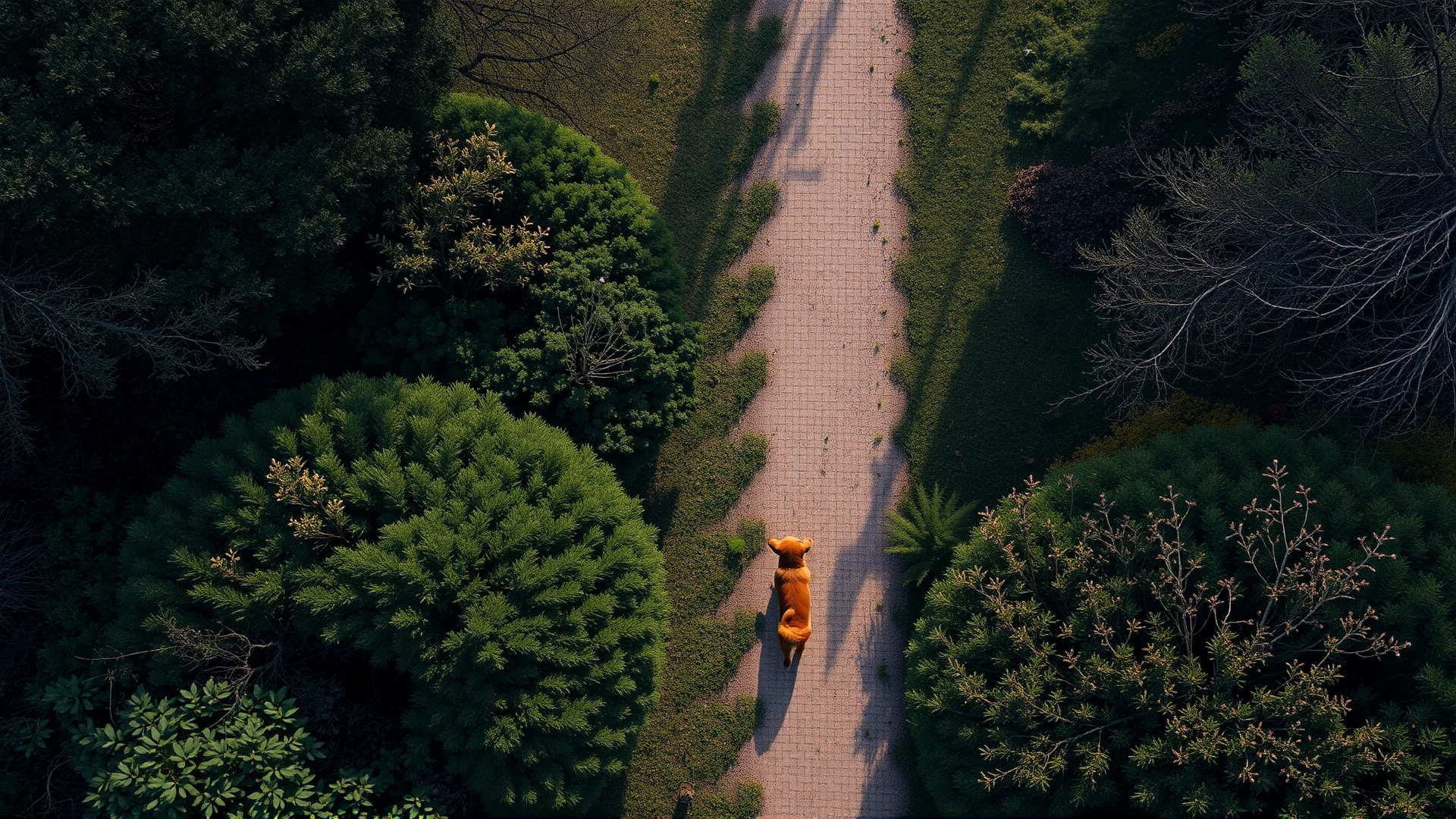 Overhead view of a park with a dog zig-zagging between bushes and trees, clearly following scent trails