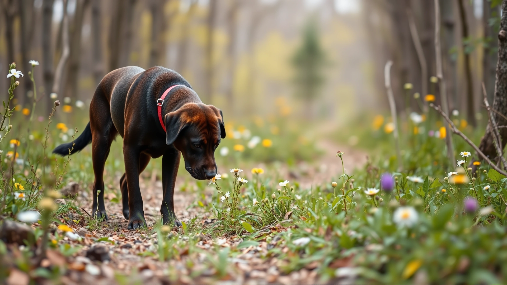 Senior Labrador retriever leisurely sniffing wildflowers along a forest trail during a sniffari walk, spring atmosphere