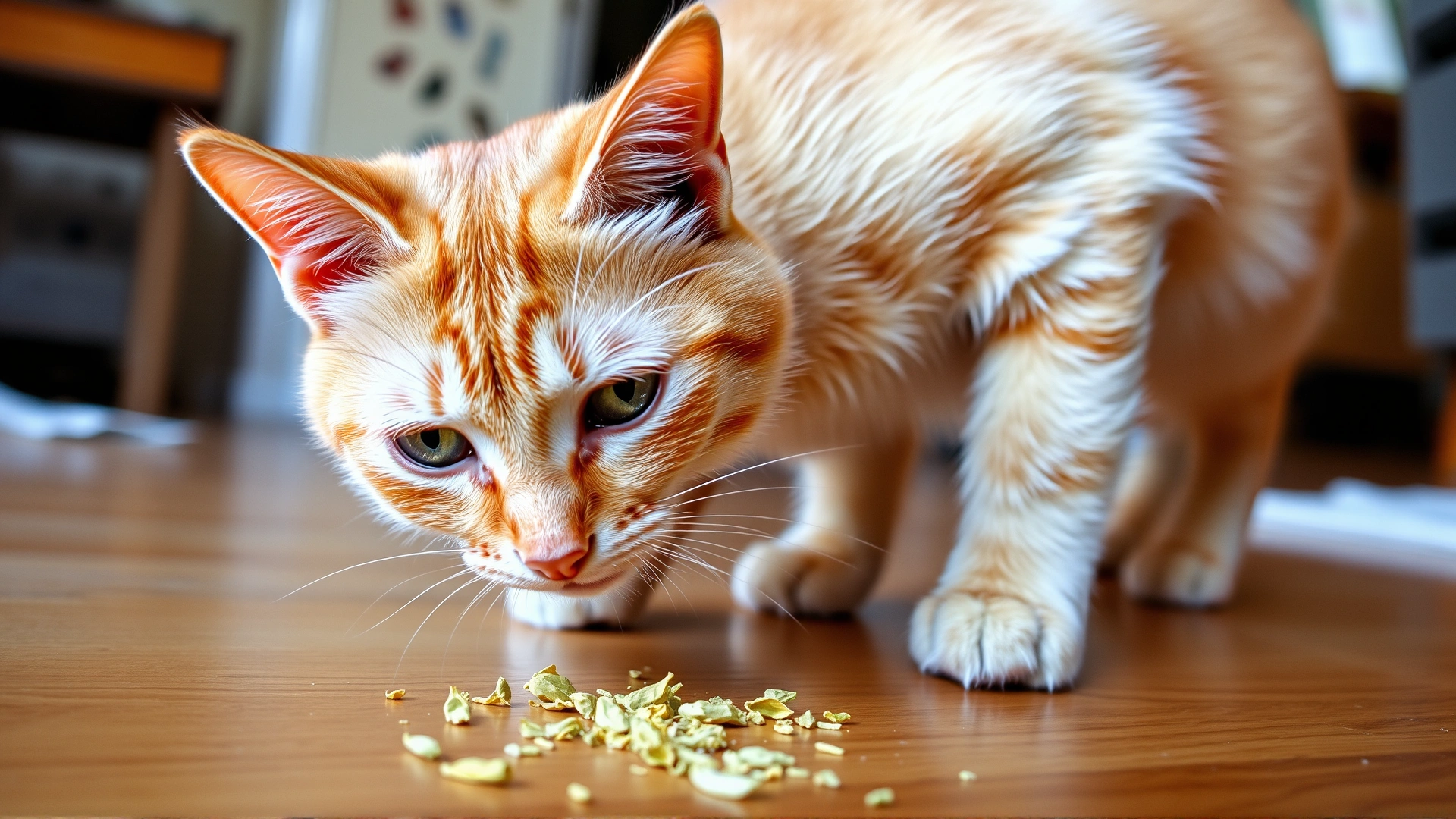 Orange tabby cat sniffing dried catnip sprinkled on a hardwood floor, playful expression, indoor scene.