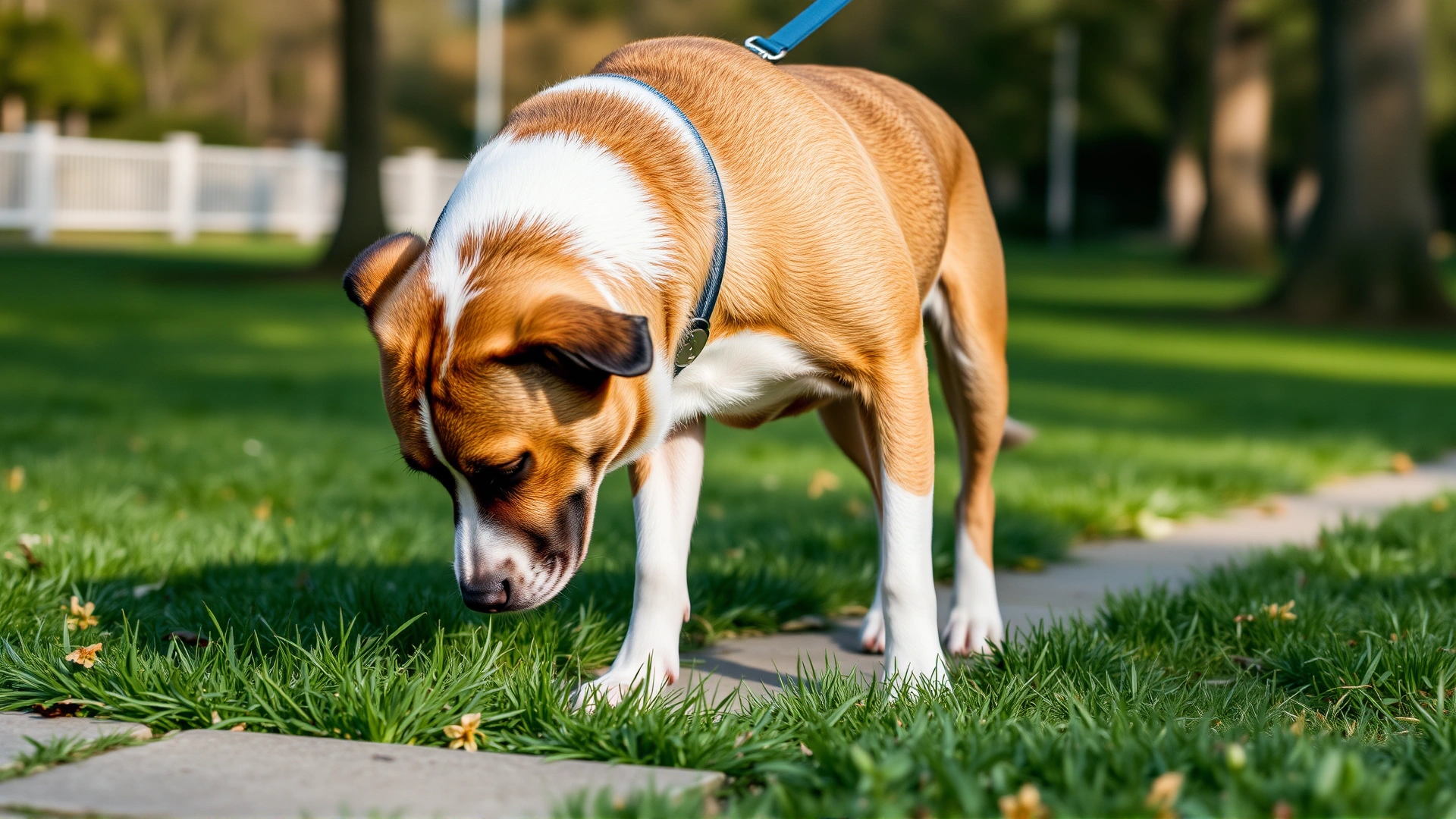 Dog sniffing a patch of grass during a relaxed walk in the park, leash slightly slack.