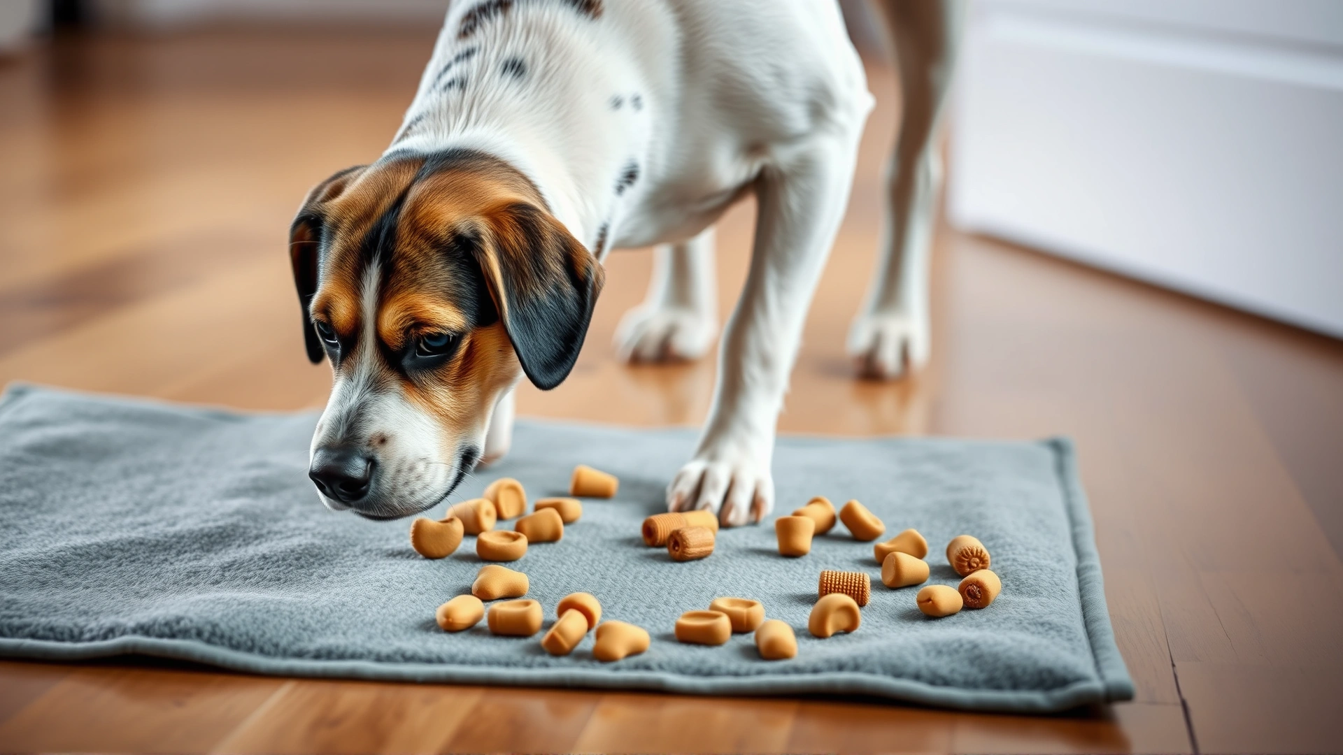 Blind dog sniffing around a snuffle mat filled with treats on a wooden floor