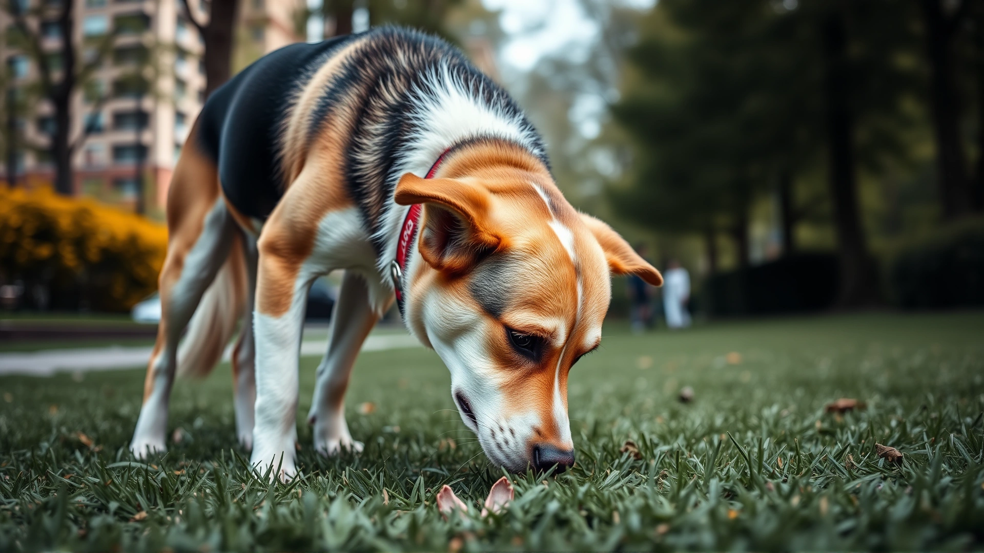 Curious mixed-breed dog lowering its head to sniff a scent trail on grass in a city park.