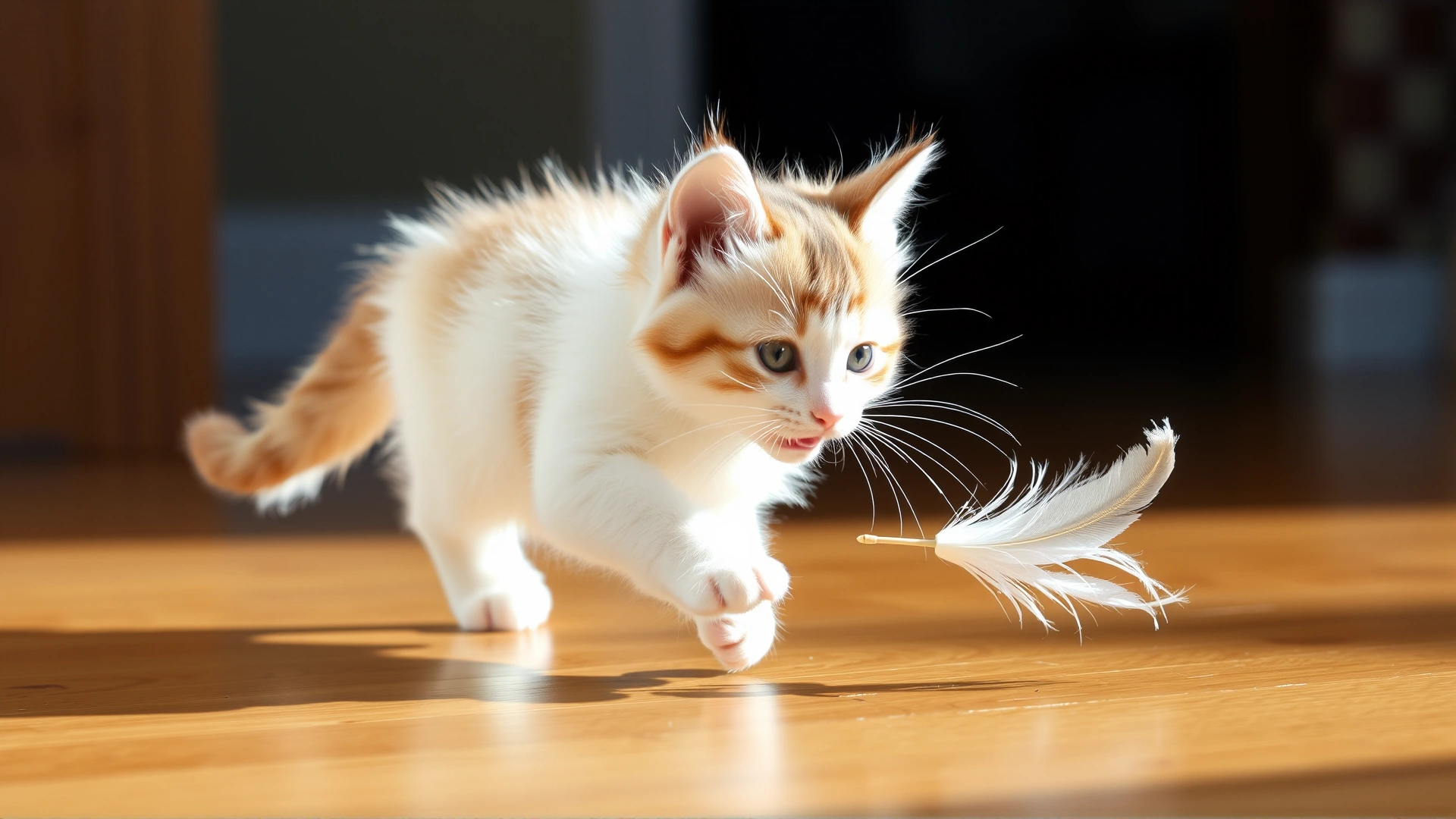 Playful Snowshoe kitten chasing a feather teaser toy on a wooden floor, natural daylight