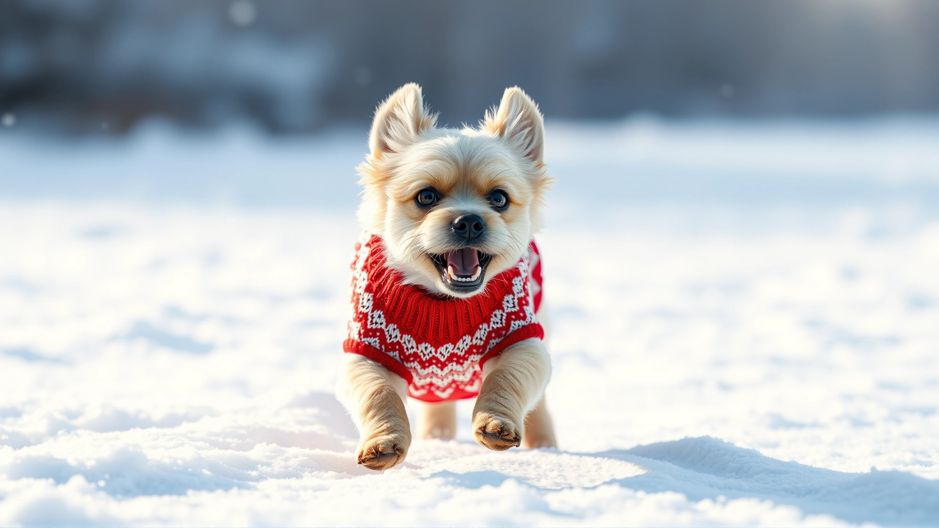 Playful small dog running through light snow while wearing a red and white knitted sweater, winter background