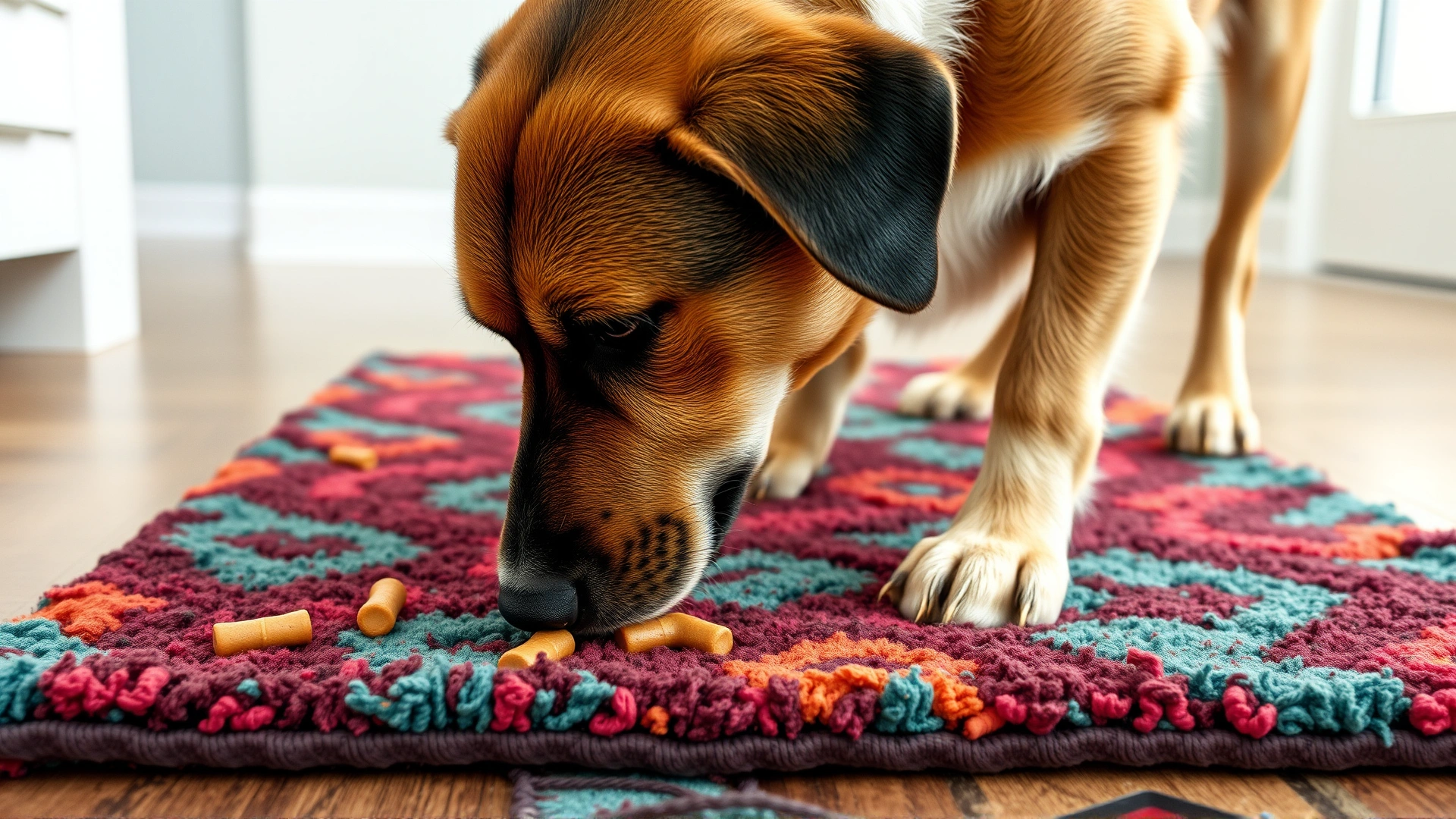 Dog sniffing through a colorful fleece snuffle mat laid on the floor, searching for hidden treats.