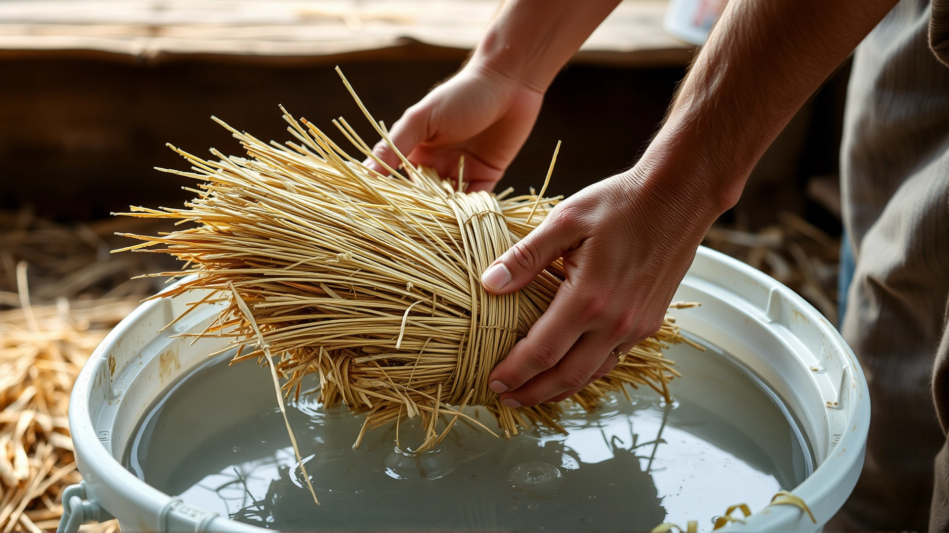 Hands submerging a bundle of hay into a large water-filled bucket, representing the process of soaking hay to reduce dust.