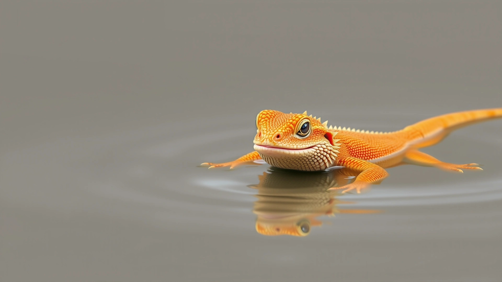 Medium shot of an orange bearded dragon half-submerged in shallow water, small ripples around it, looking relaxed, no text, neutral background