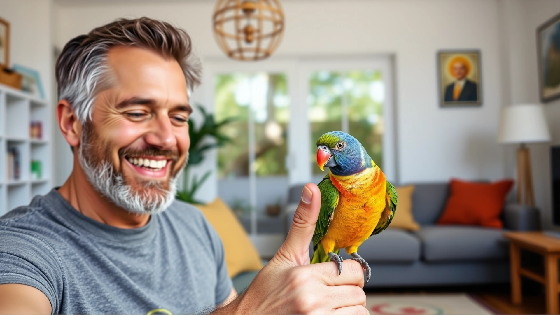 Happy pet owner smiling while a lorikeet perches on their finger inside a bright, cozy living room.