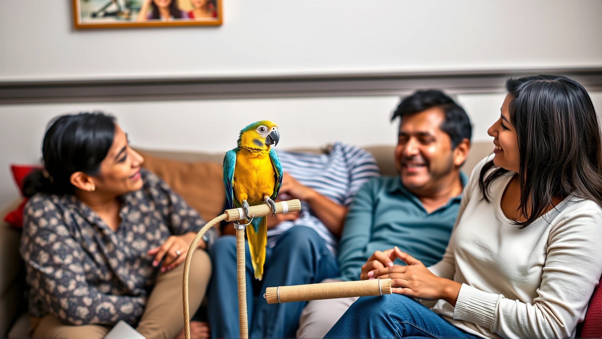 Family sitting on a couch interacting and talking to a parrot perched on a play stand, demonstrating daily social time.