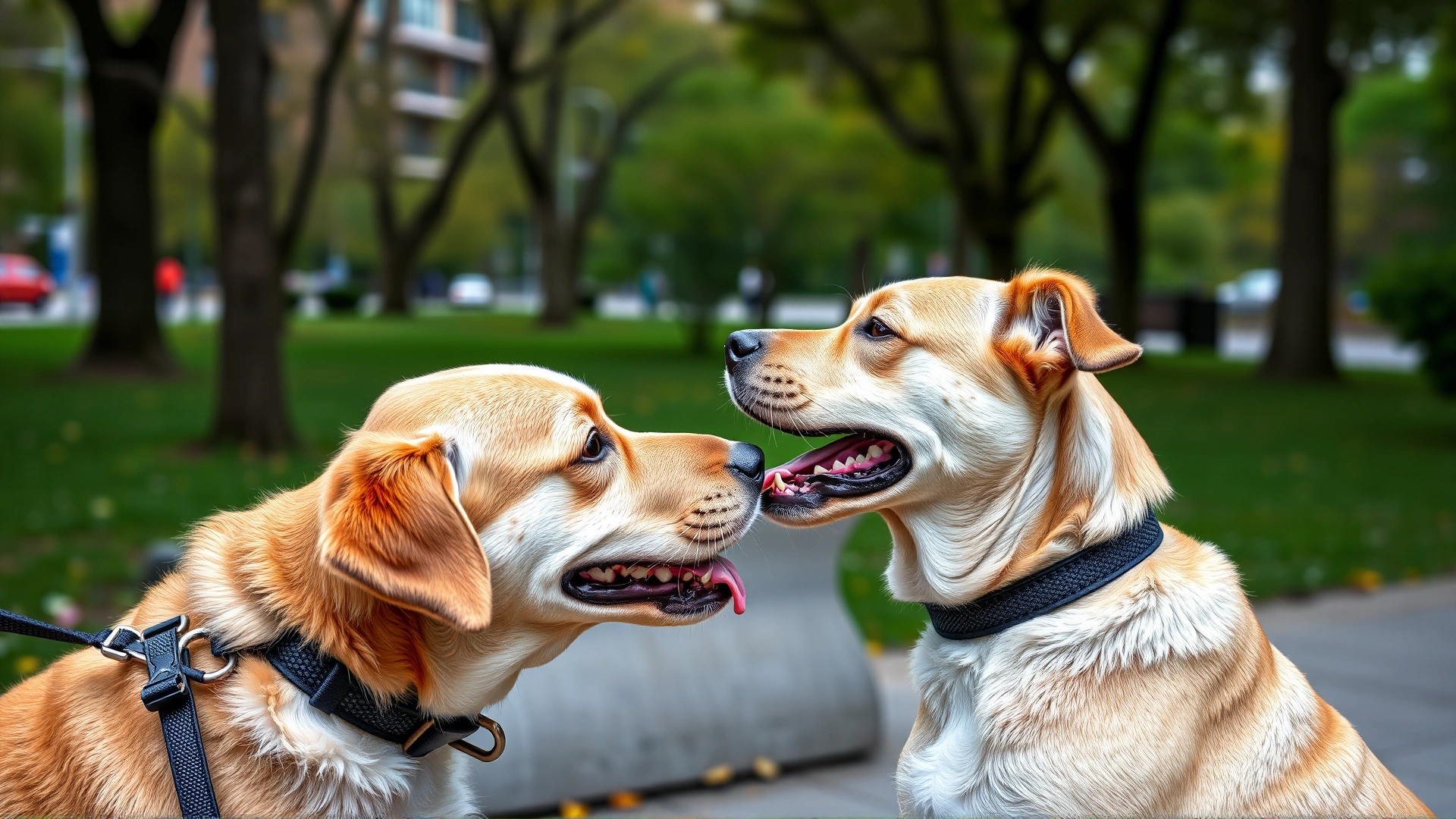 Two friendly dogs greeting each other nose-to-nose while on leashes in a city park, no text
