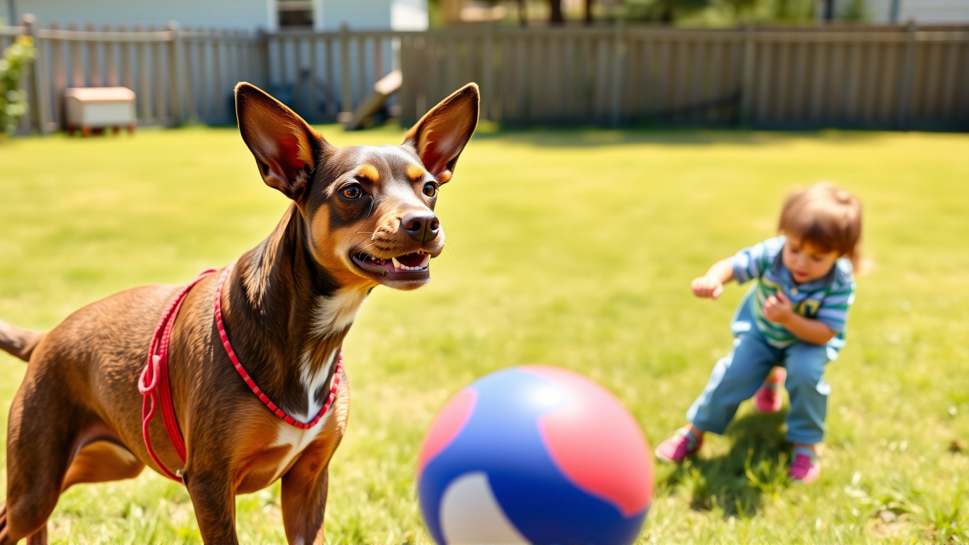 Miniature Pinscher playing fetch with two school-age children in a fenced yard, sunny weather