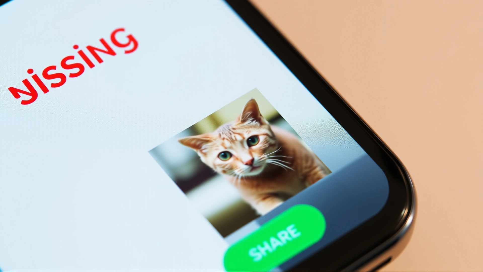 Smartphone screen showing a social media post of a missing cat with a share button highlighted