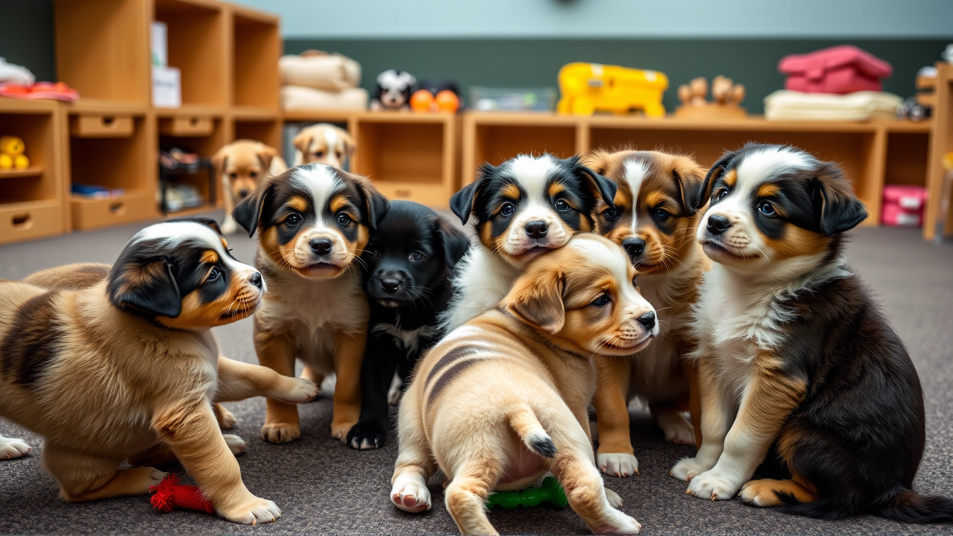 Several puppies interacting and playing together in a supervised puppy training class environment with toys scattered around.