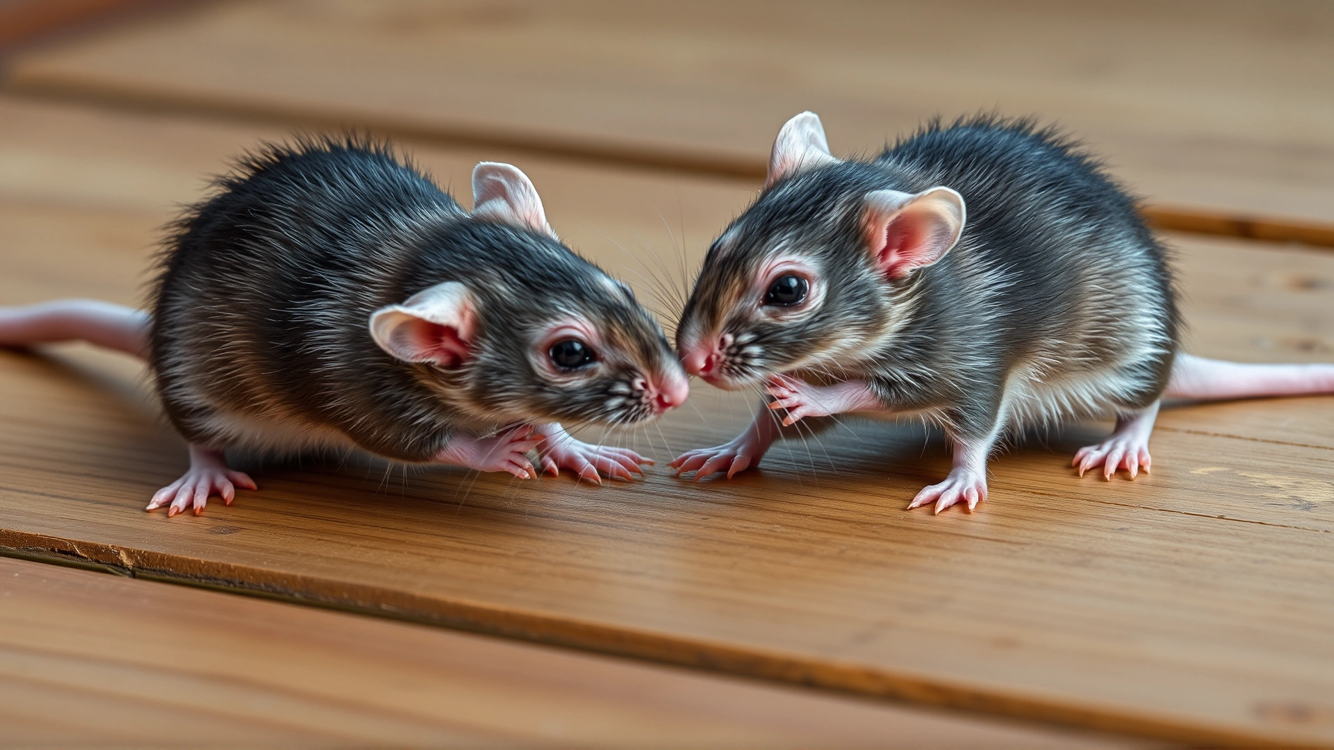 Two domesticated fancy rats interacting playfully on a wooden surface, showcasing their social nature