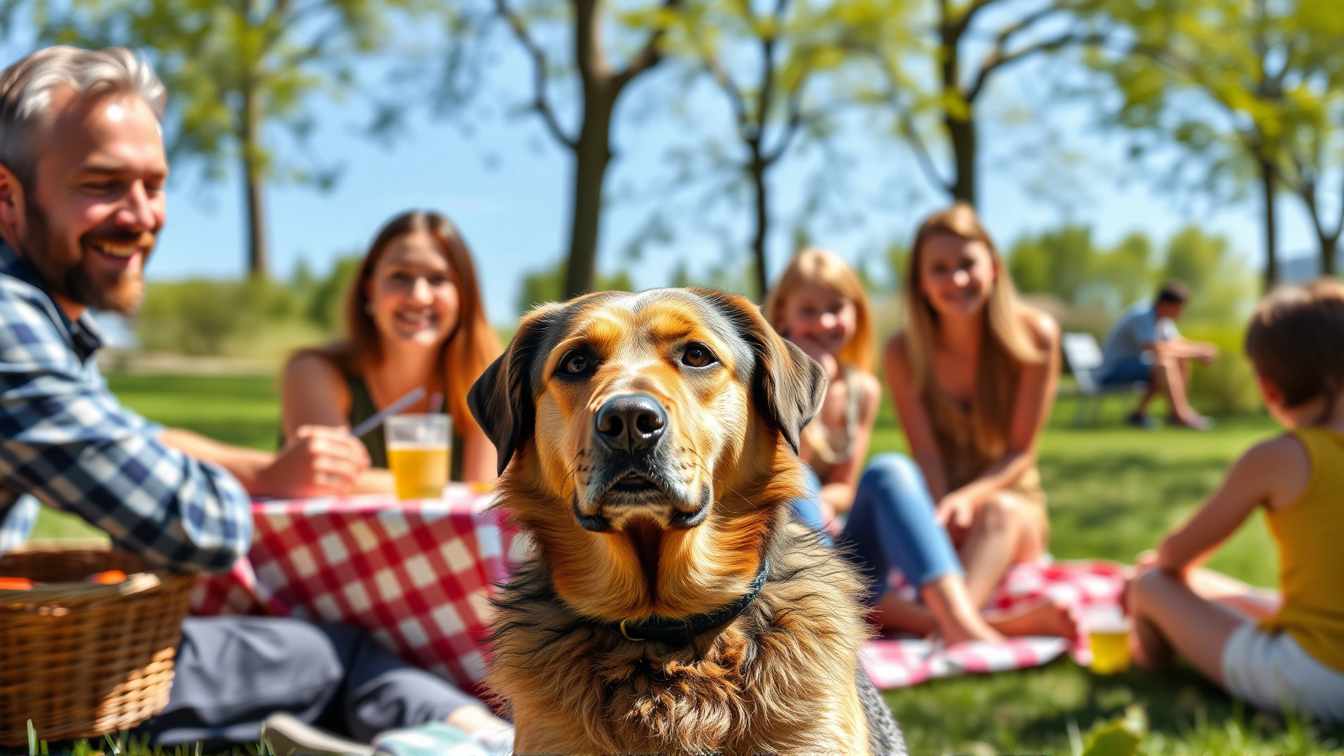 Calm dog sitting politely at a family picnic in a sunny park, people smiling in the background.