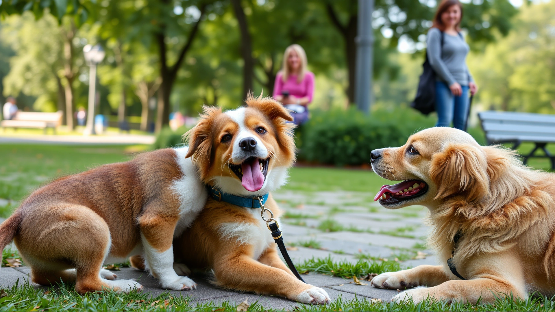 Puppy meeting a friendly older dog in a public park, both dogs relaxed, owners smiling in background