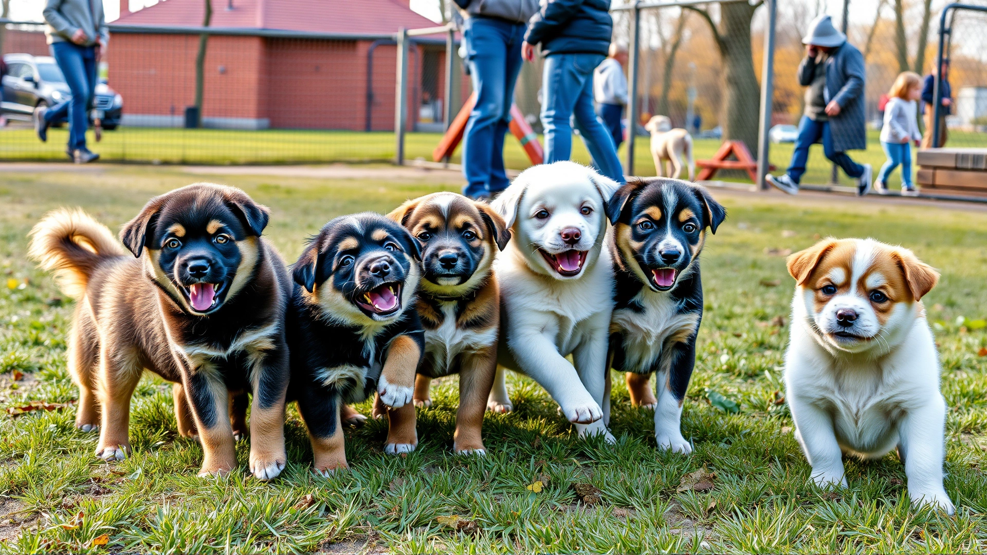 A group of different breed puppies playing together in a safe fenced park with people around
