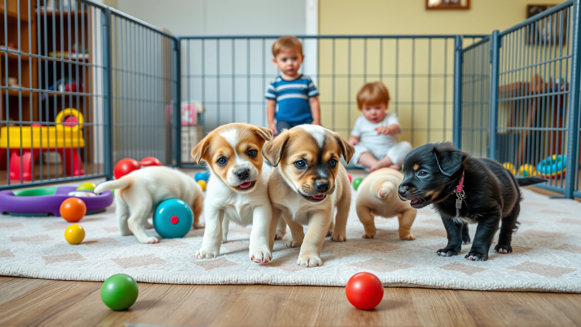 A group of playful five-week-old puppies exploring a safe indoor playpen with colorful toys and two children observing outside the pen, natural daylight