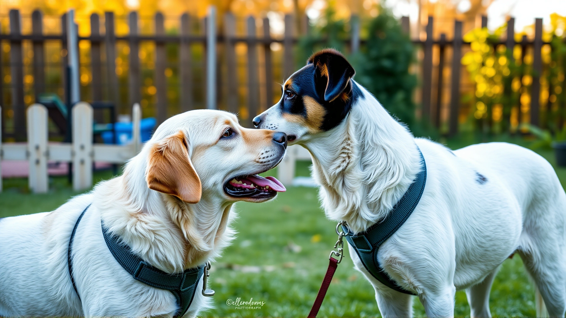Two friendly dogs greeting each other nose-to-nose under supervision in a fenced garden.