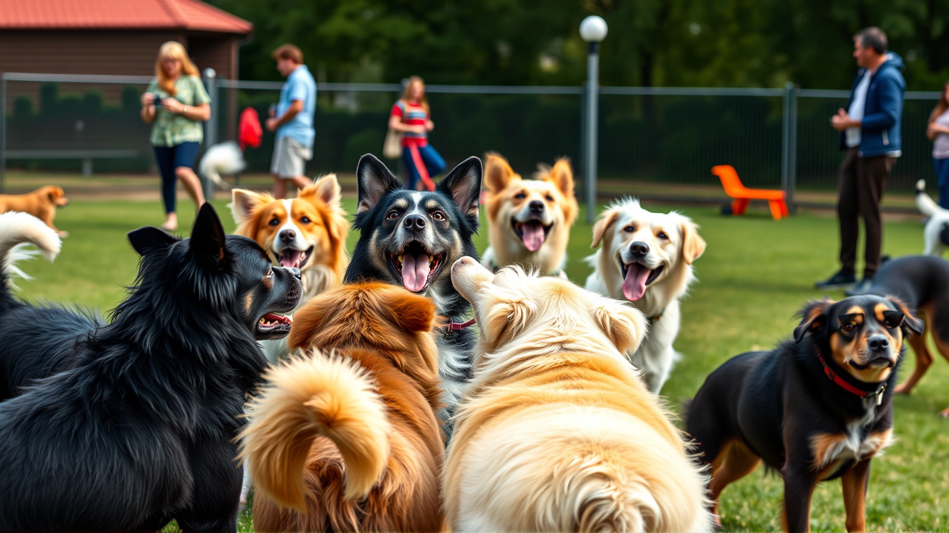 Multiple dogs of different breeds interacting playfully in a dog park while owners chat in the background, lively and colorful scene
