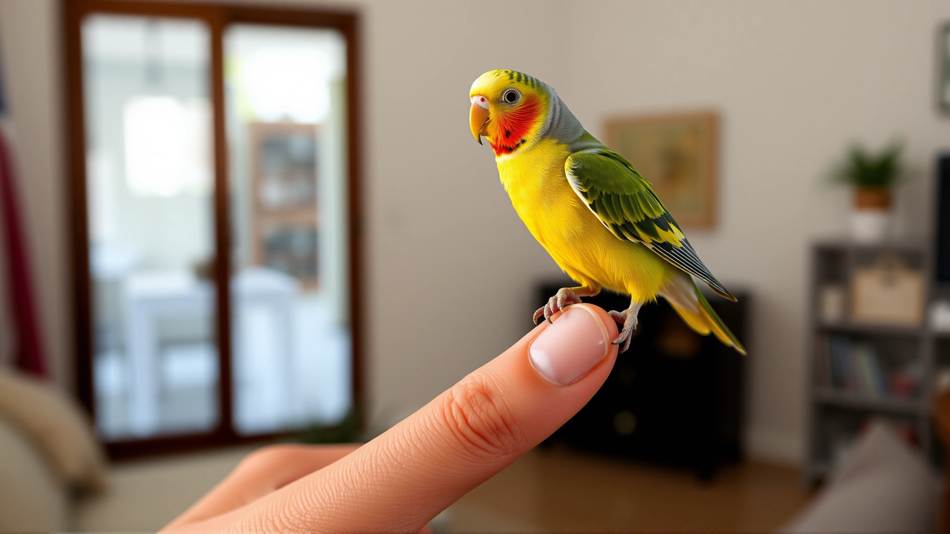 Person gently holding a lovebird on their finger in a well-lit room, showcasing the bond between human and bird.