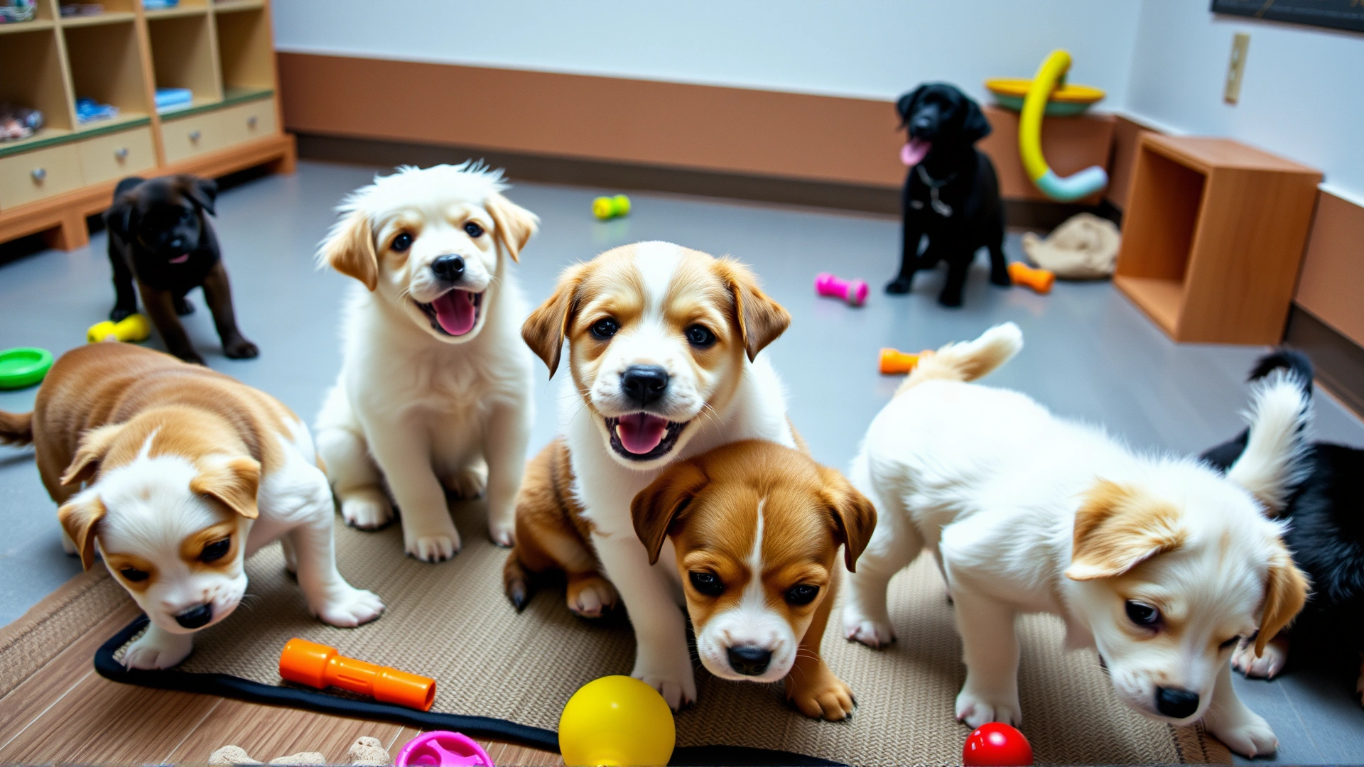Group of diverse puppies playing on a clean indoor mat during a supervised socialization class, colorful toys around, candid shot