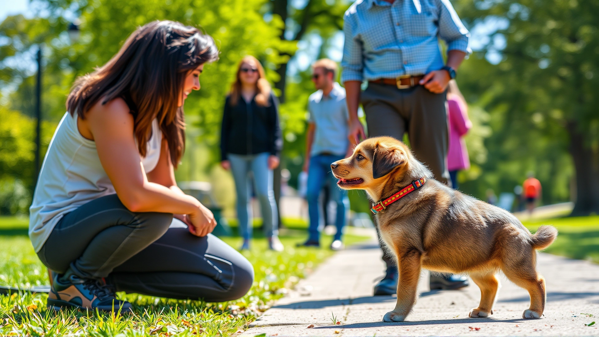 A young puppy meeting a calm adult dog and friendly people in a sunny park setting, demonstrating controlled socialization.