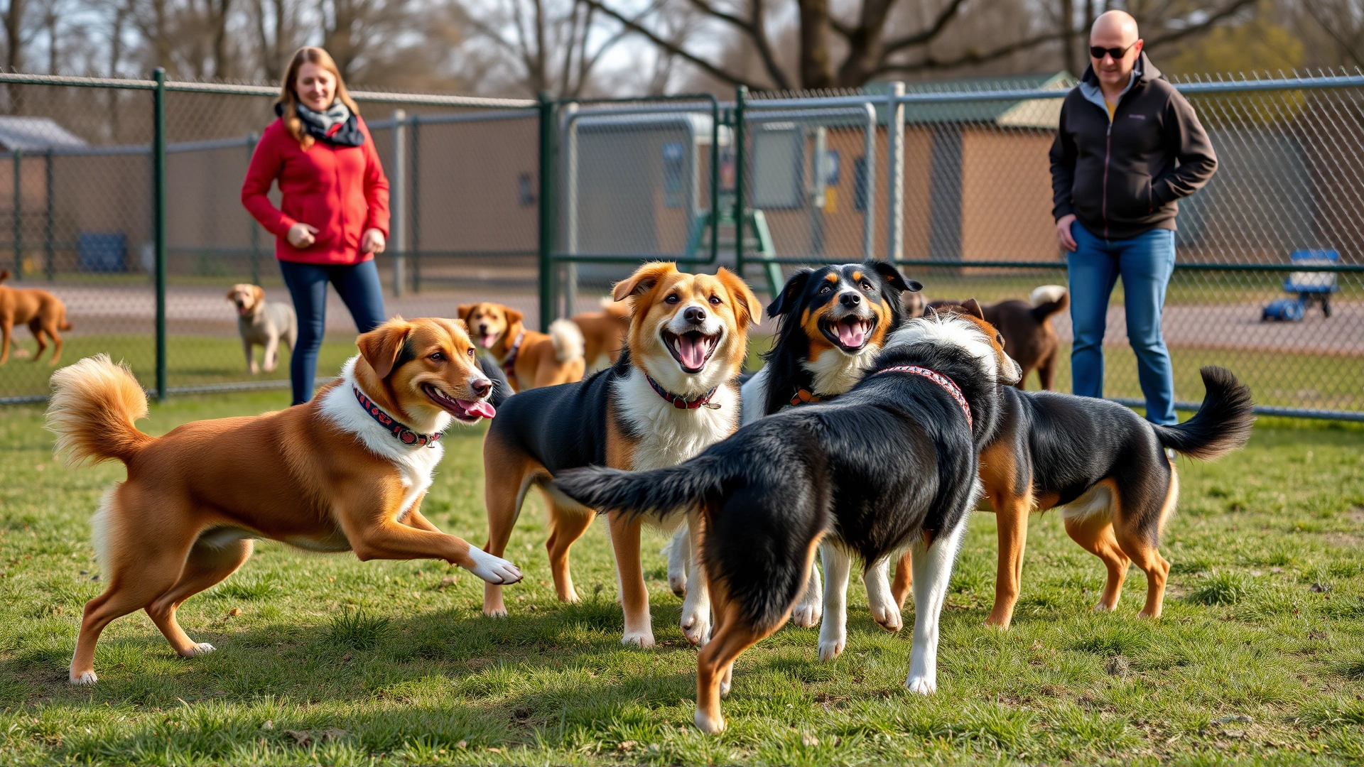 A friendly group of dogs playing together in a fenced dog park while their owners watch, showcasing healthy socialization.