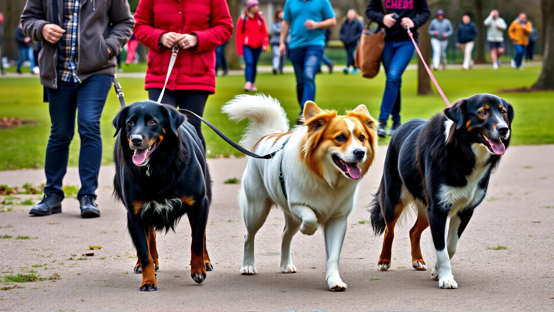 Group of three dogs of different breeds walking calmly together in public park, diverse people holding leashes in distance.