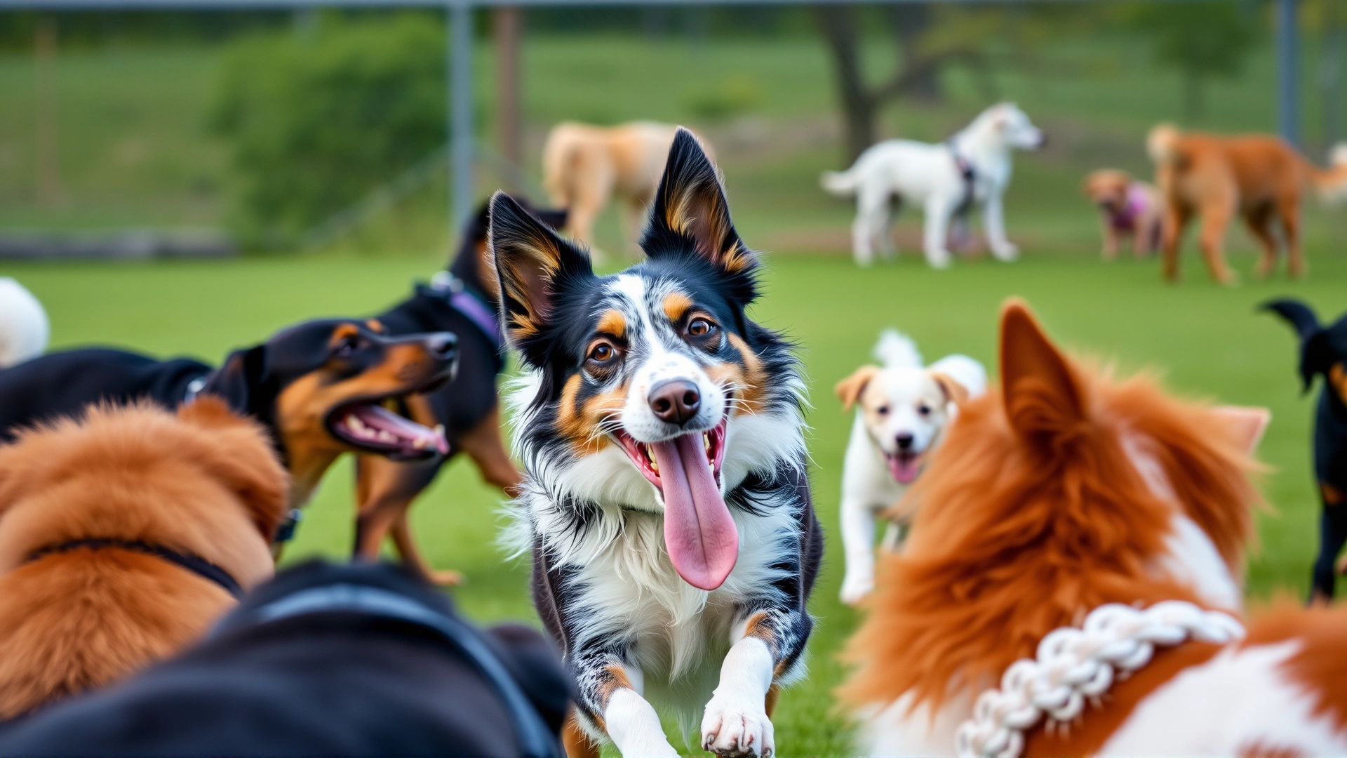 Texas Heeler playing with multiple dog breeds at a dog park, joyful atmosphere, green grass