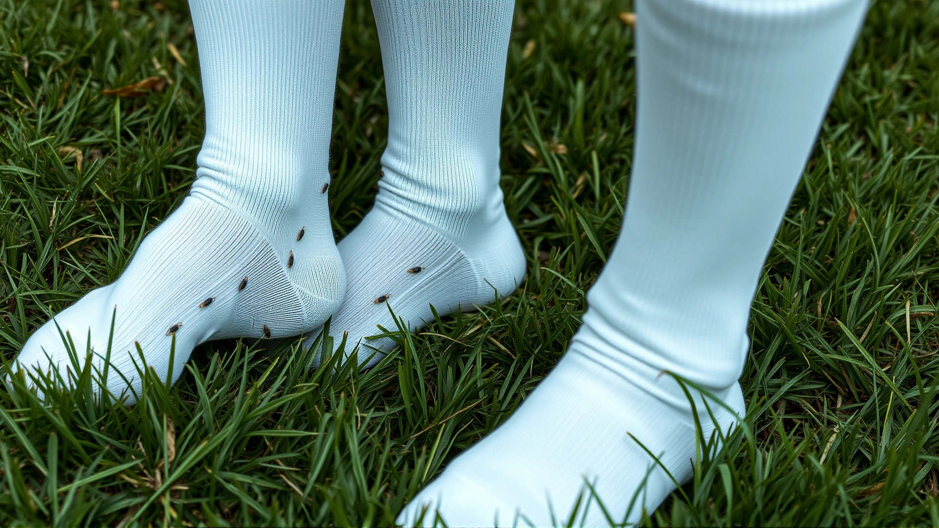 Close-up of human legs wearing white socks standing on grass with small dark specks (fleas) visible on the fabric—illustrates the white sock test.