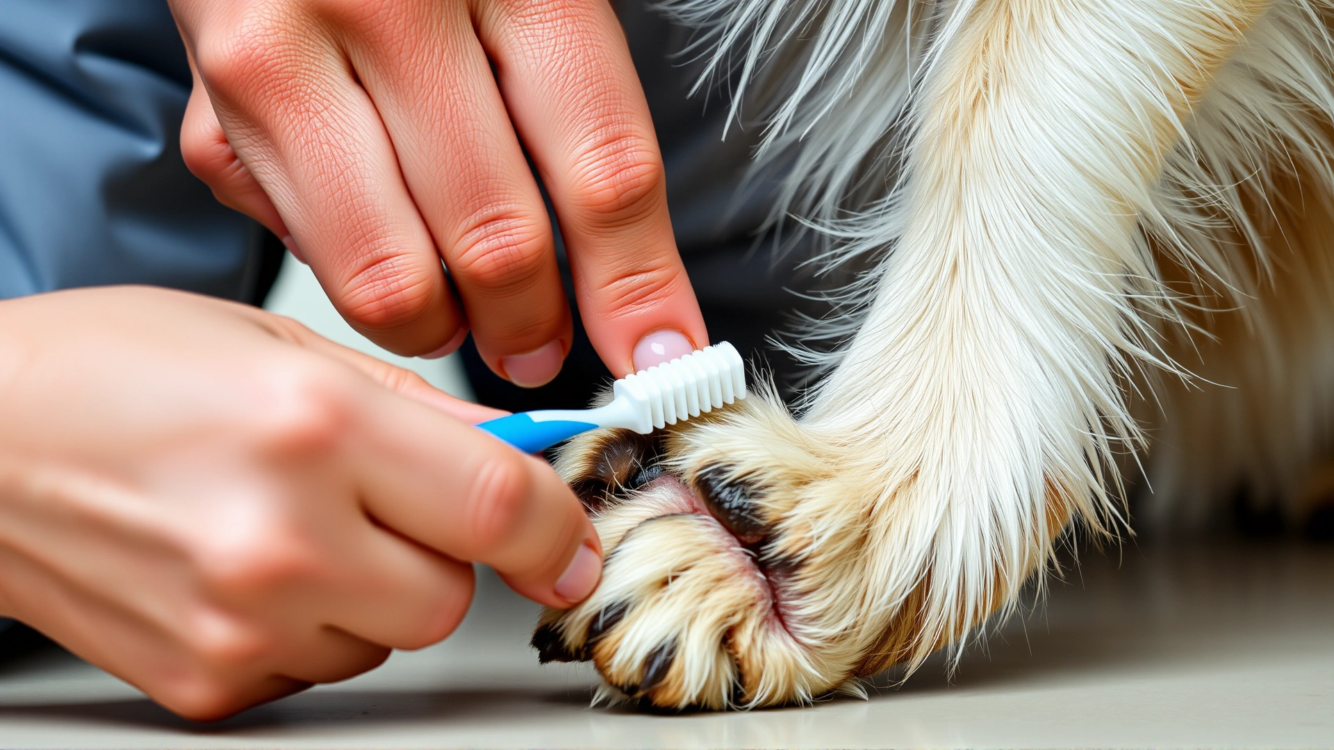Owner using a soft toothbrush to clean between a dog's paw pads, focusing on the paw