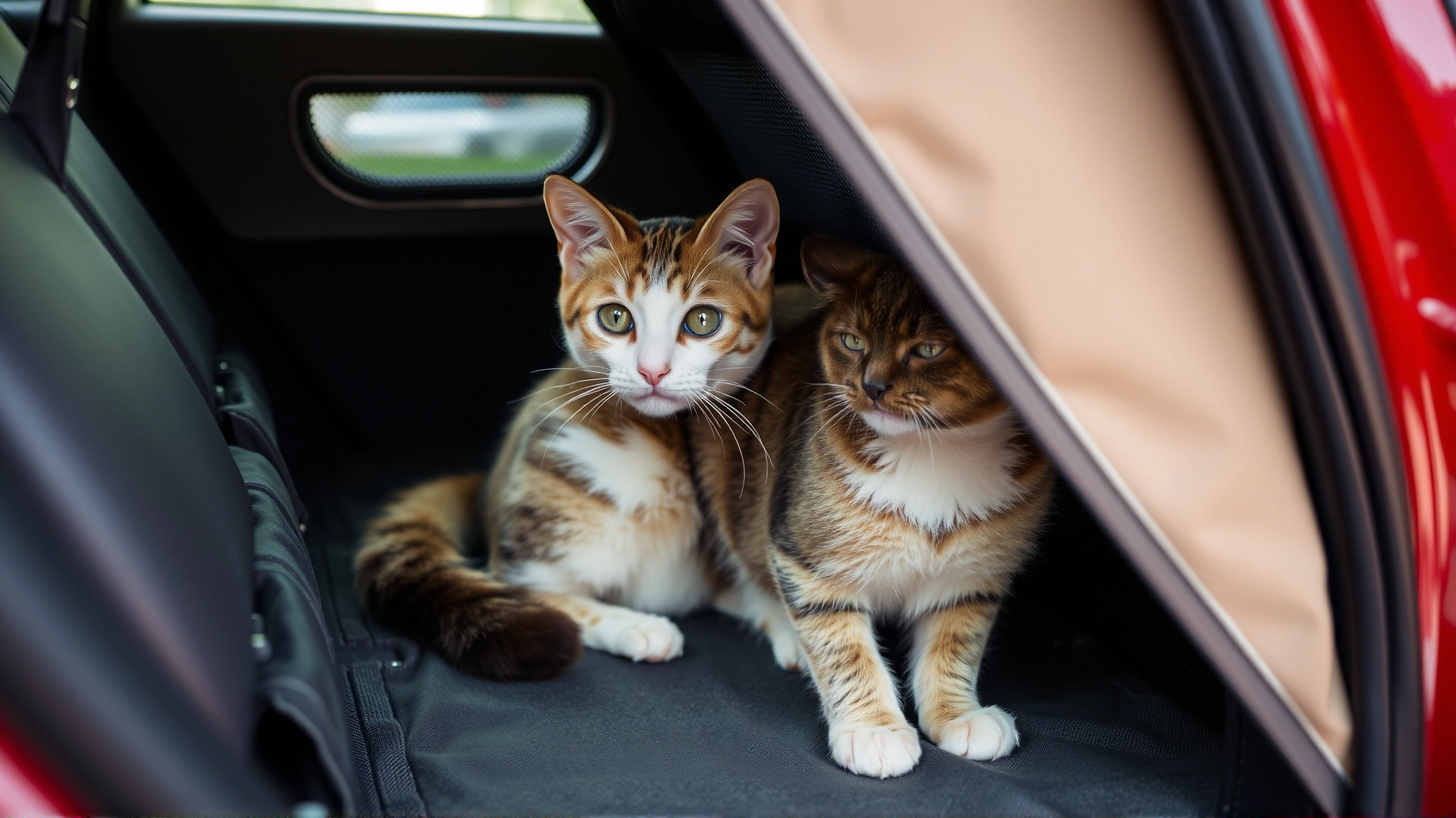 Cat sitting comfortably in a soft-sided carrier on the car floor with mesh windows