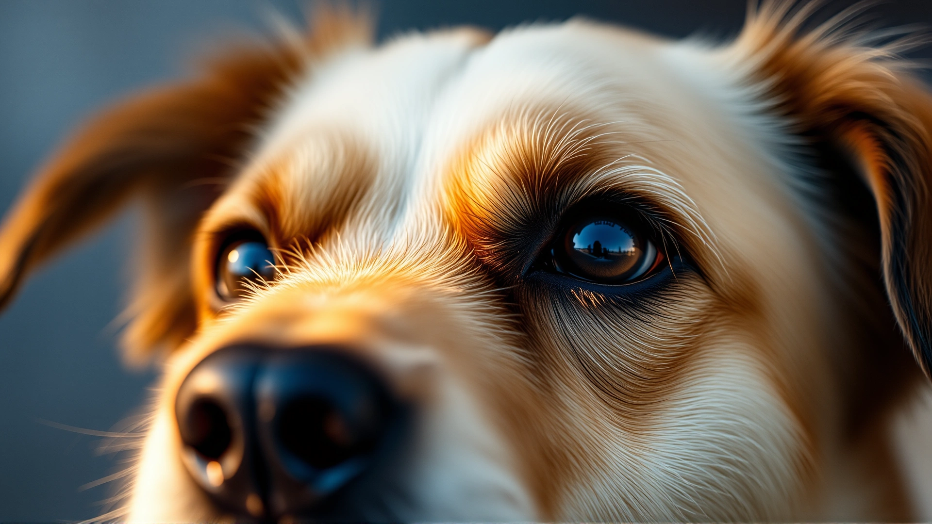 Macro shot of a dog’s eyes showing a soft, gentle expression, warm lighting