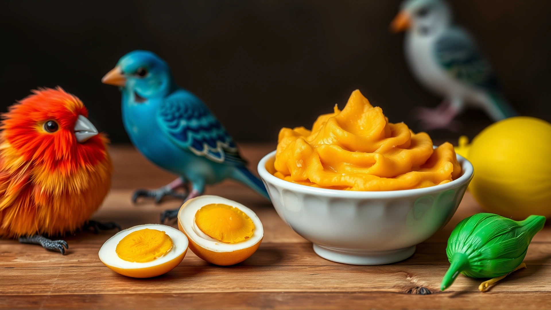 Small ceramic bowl filled with soft mashed sweet potato and boiled egg beside bird toys on a table